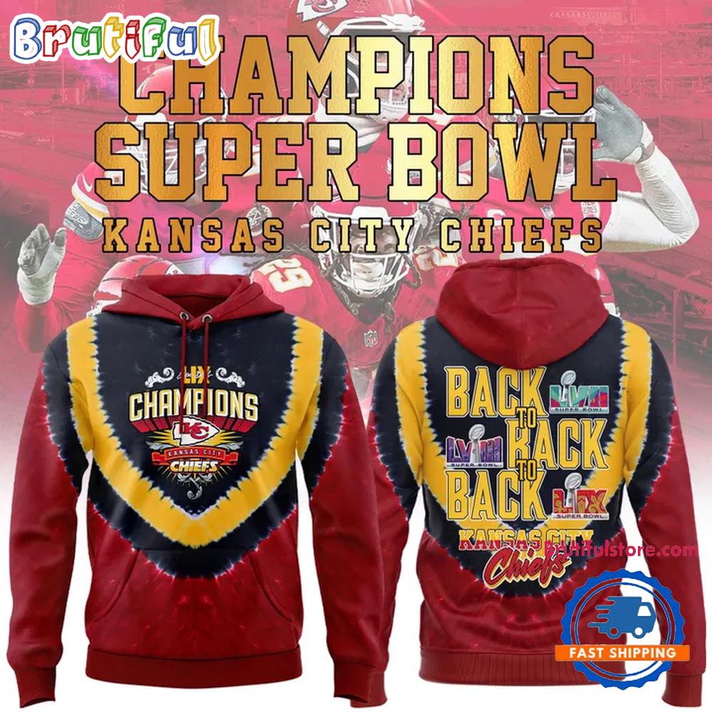 Red Kansas City Chiefs Super Bowl LIX Champions Shield Tie-Dye Hoodie