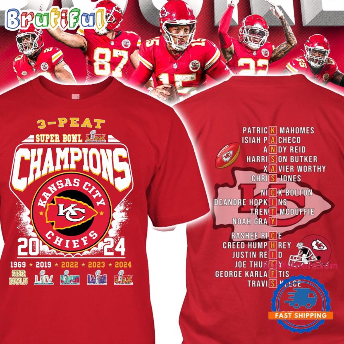Super Bowl LIX 2024 2025 Champions Kansas City Chiefs 3-Peat 3D Shirt