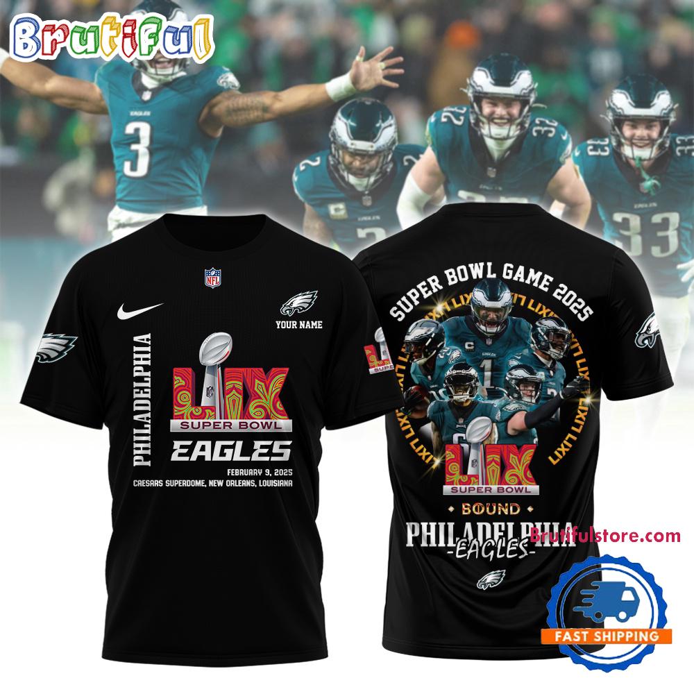 Super Bowl LIX 2025 Philadelphia Eagles Team Player Graphics Design Black T Shirt
