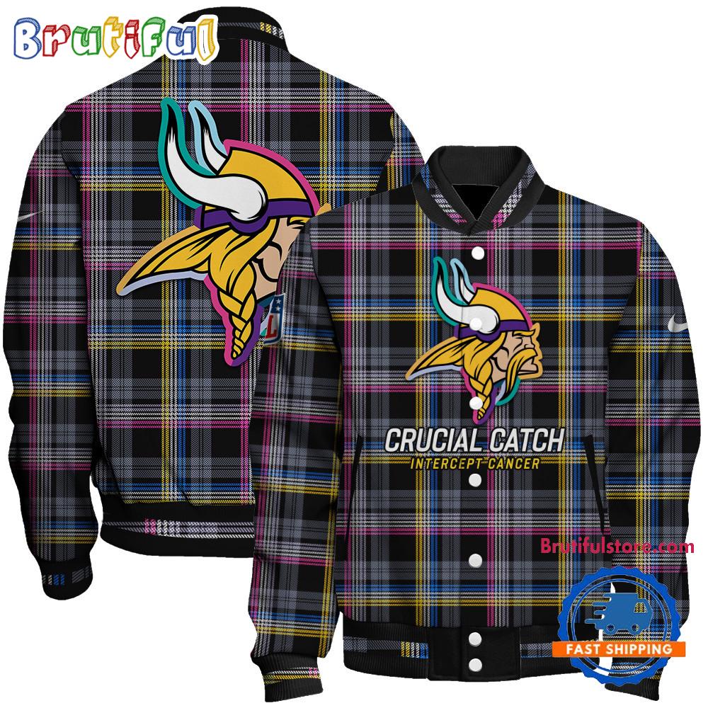 Minnesota Vikings National Football League Crucial Catch Intercept Cancer Unisex Varsity Jacket