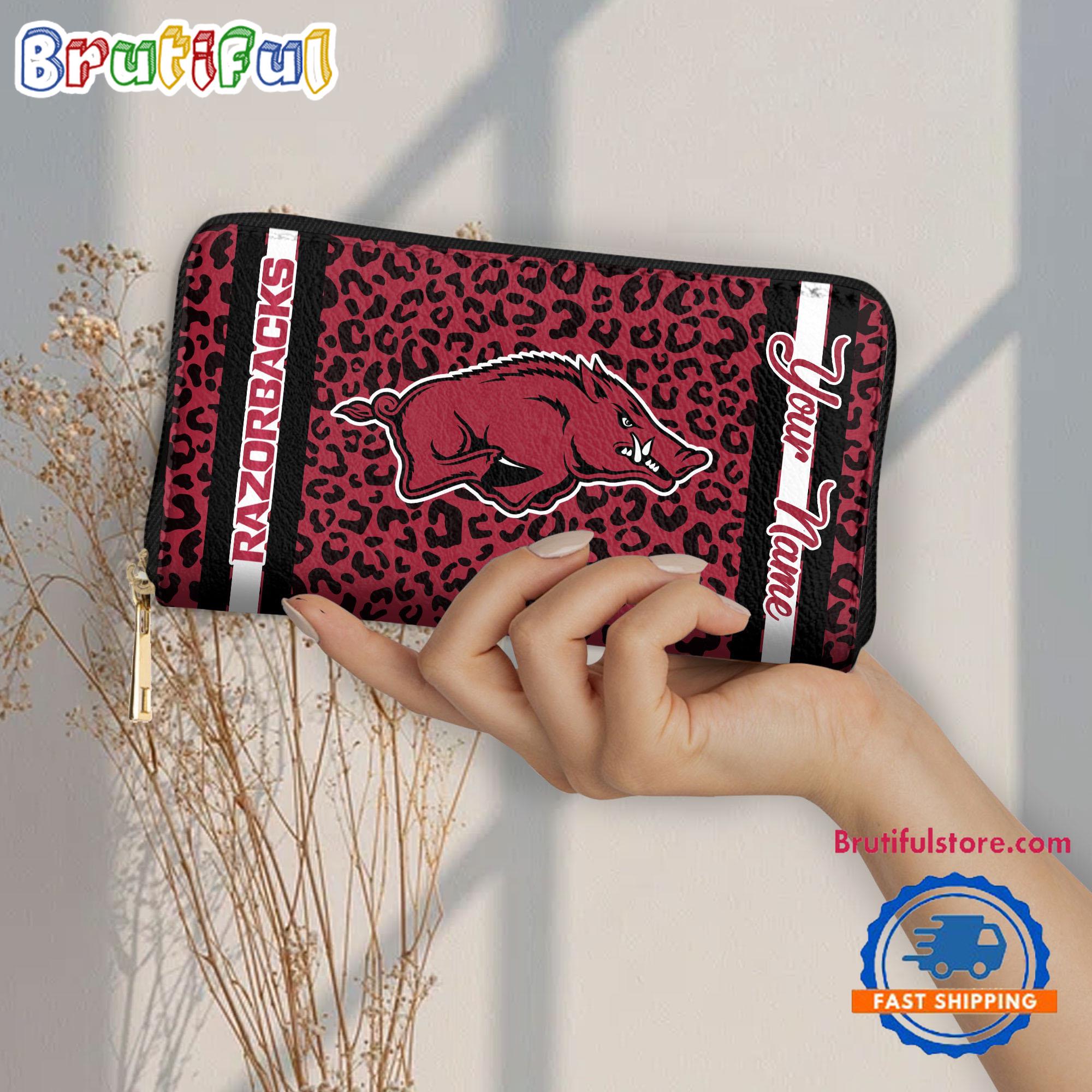 NCAA Arkansas Razorbacks Leopard Women's Zip Around Wallet, Sporty Women's Wallet
