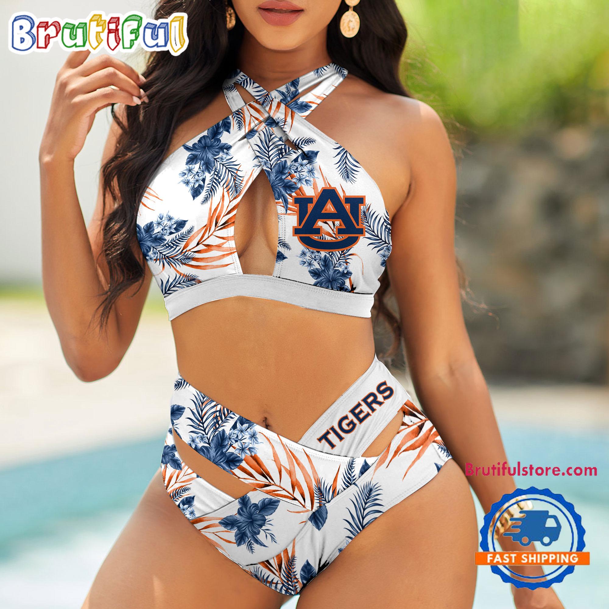 NCAA Auburn Tigers Hawaiian Pattern Deisgn Women's Bikini Set, Women's Sporty Summer Bikini Set