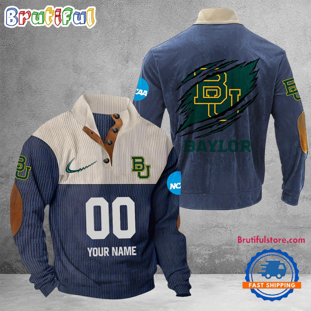 NCAA Baylor Bears Sport Team Custom Name And Number Buttoned Collar Sweatshirt