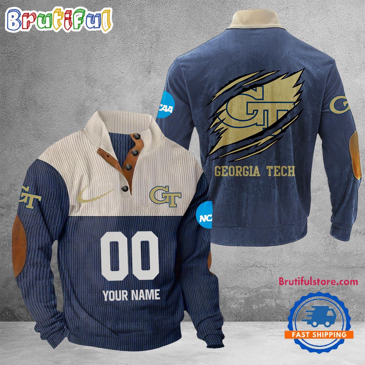 NCAA Georgia Tech Yellow Jackets Sport Team Custom Name And Number Buttoned Collar Sweatshirt
