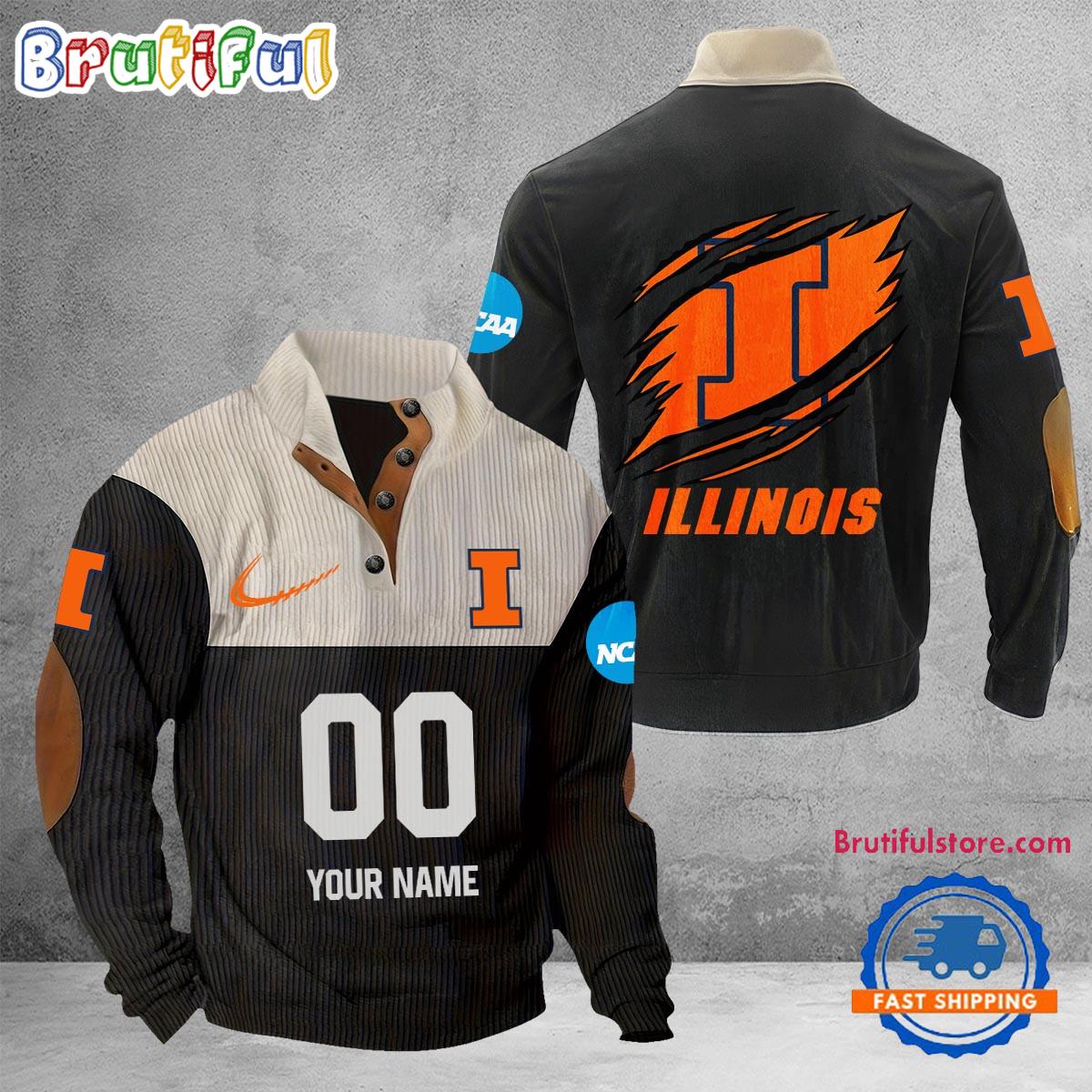 NCAA Illinois Fighting Illini Sport Team Custom Name And Number Buttoned Collar Sweatshirt