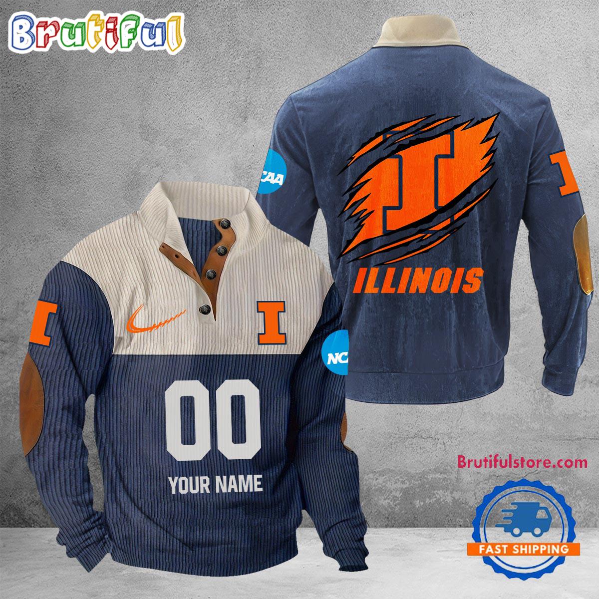 NCAA Illinois Fighting Illini Sport Team Custom Name And Number Buttoned Collar Sweatshirt