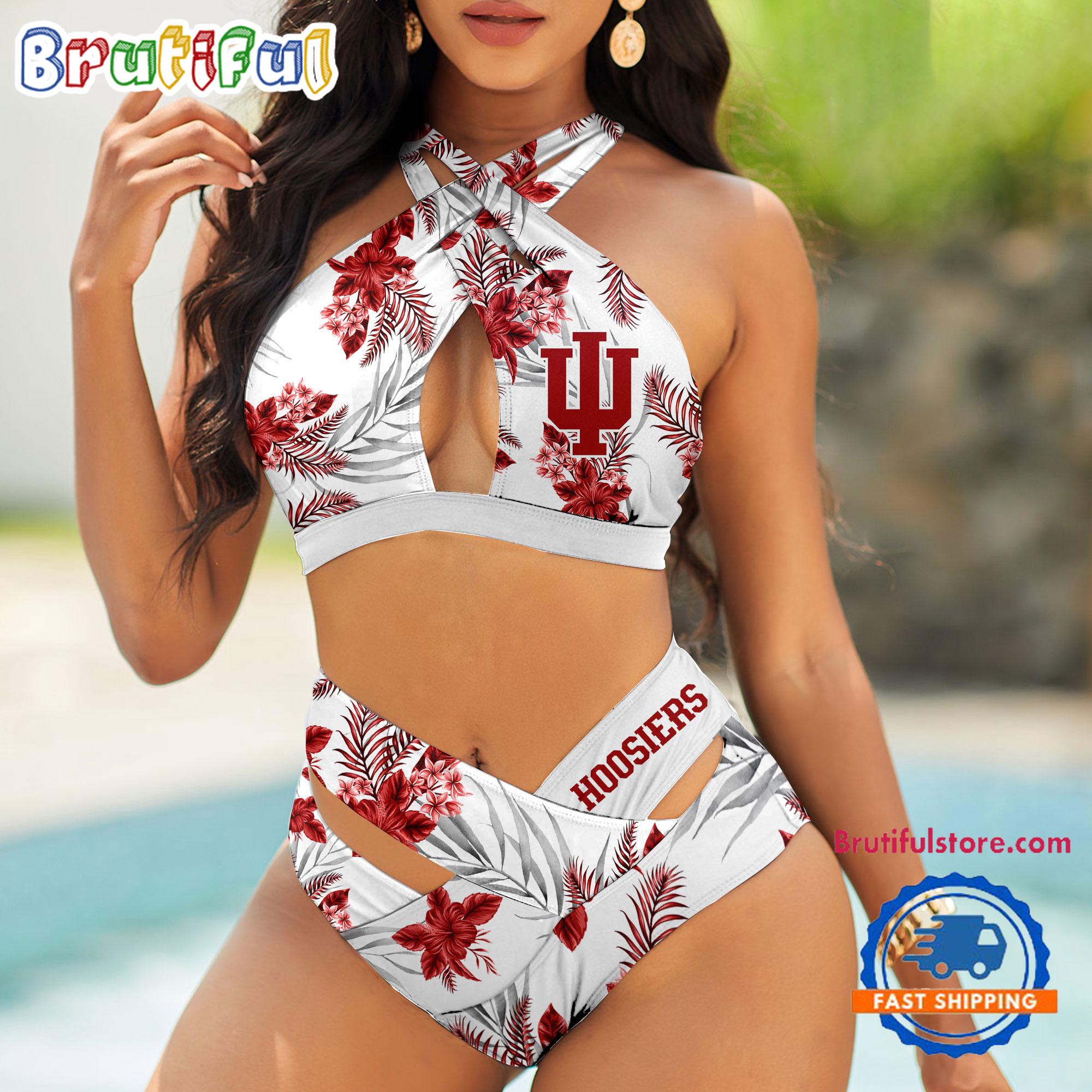 NCAA Indiana Hoosiers Hawaiian Pattern Deisgn Women's Bikini Set, Women's Sporty Summer Bikini Set