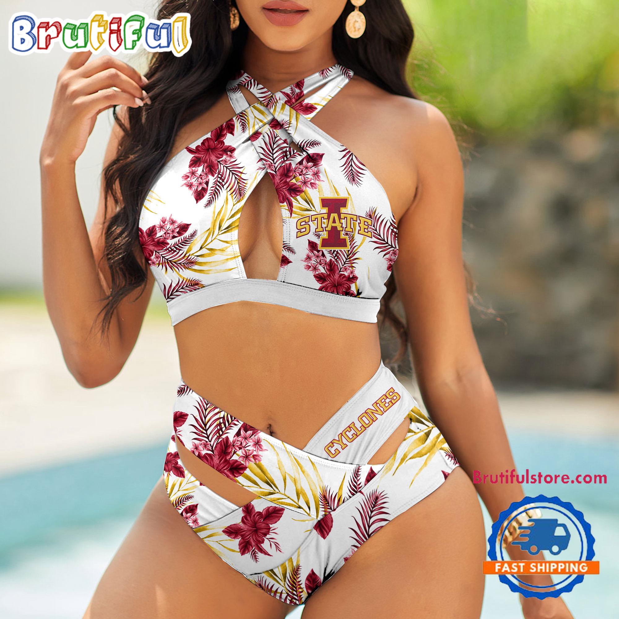 NCAA Iowa State Cyclones Hawaiian Pattern Deisgn Women's Bikini Set, Women's Sporty Summer Bikini Set