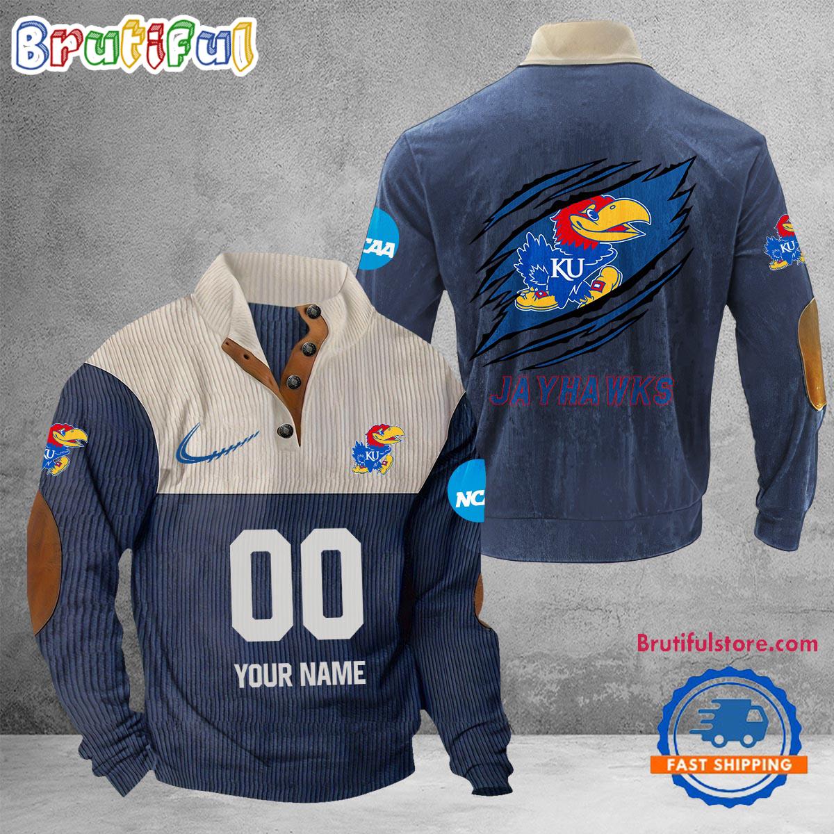 NCAA Kansas Jayhawks Sport Team Custom Name And Number Buttoned Collar Sweatshirt