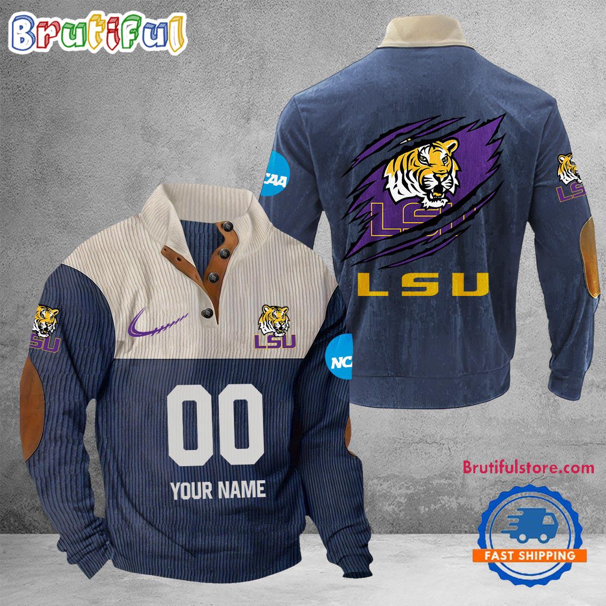 NCAA LSU Tigers Sport Team Custom Name And Number Buttoned Collar Sweatshirt