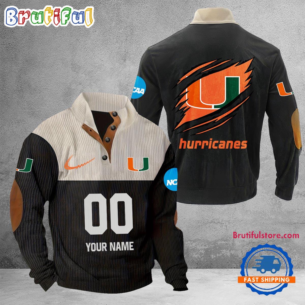 NCAA Miami Hurricanes Sport Team Custom Name And Number Buttoned Collar Sweatshirt
