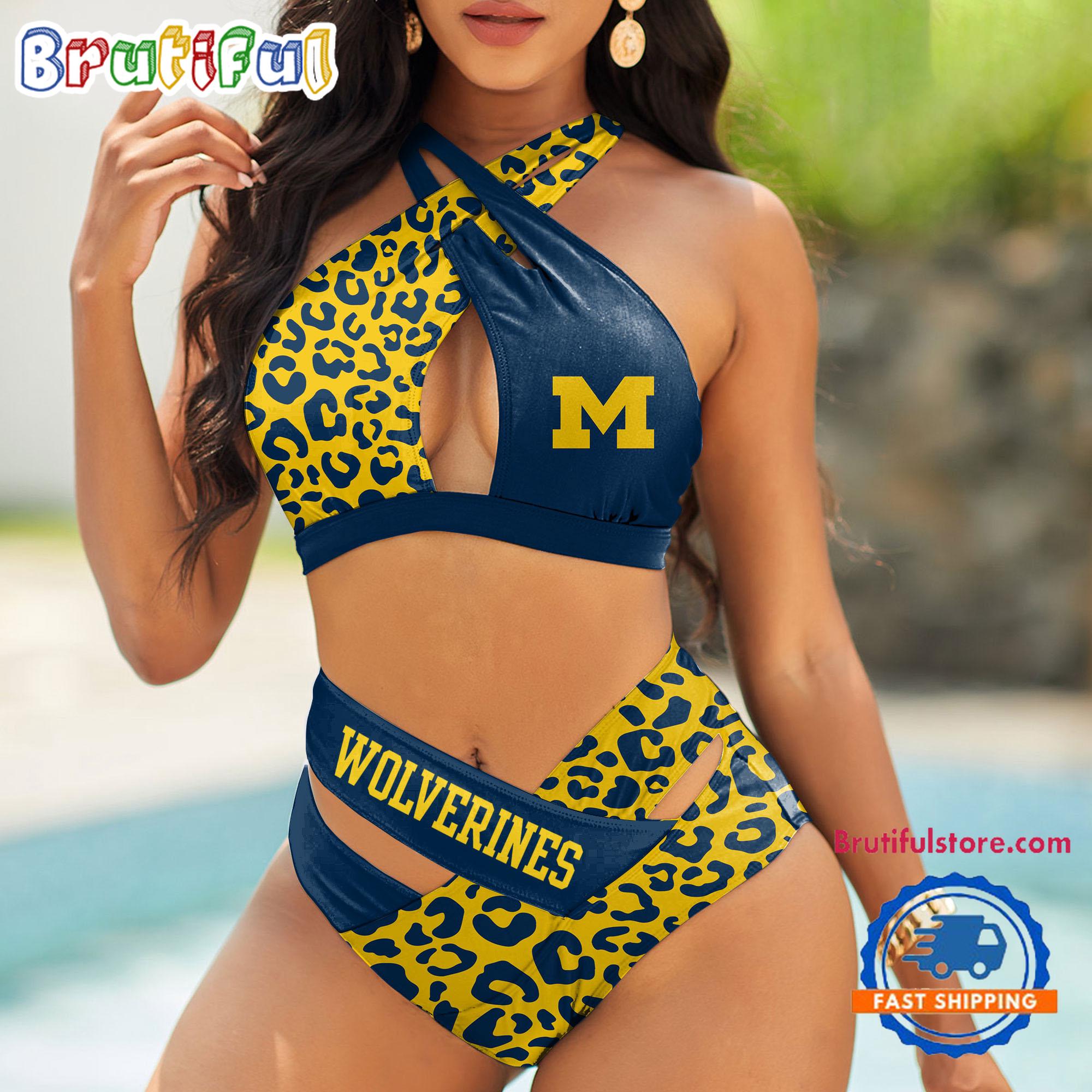 NCAA Michigan Wolverines Leopard Pattern Summer Beach Women's Bikini Set