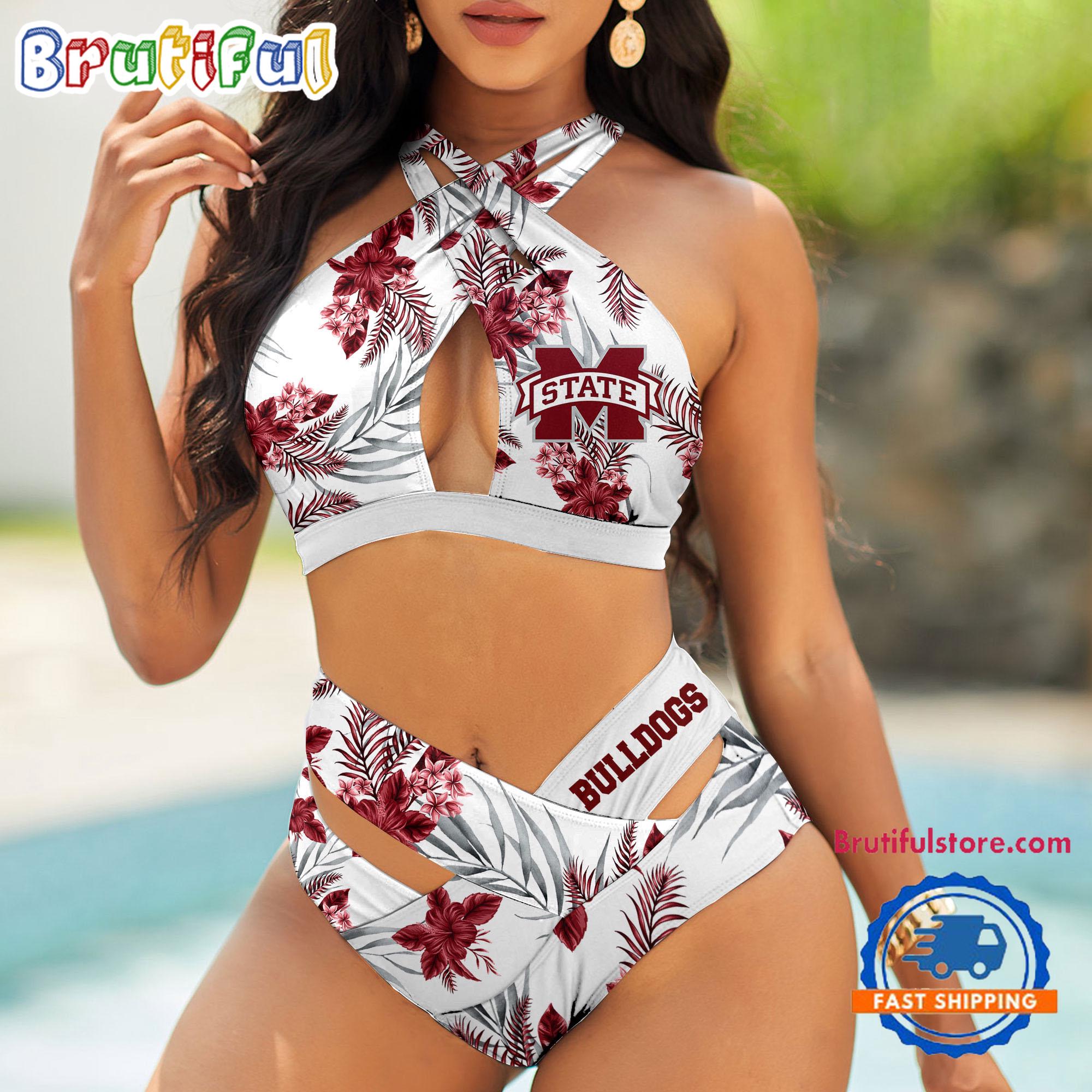 NCAA Mississippi State Bulldogs Hawaiian Pattern Deisgn Women's Bikini Set, Women's Sporty Summer Bikini Set