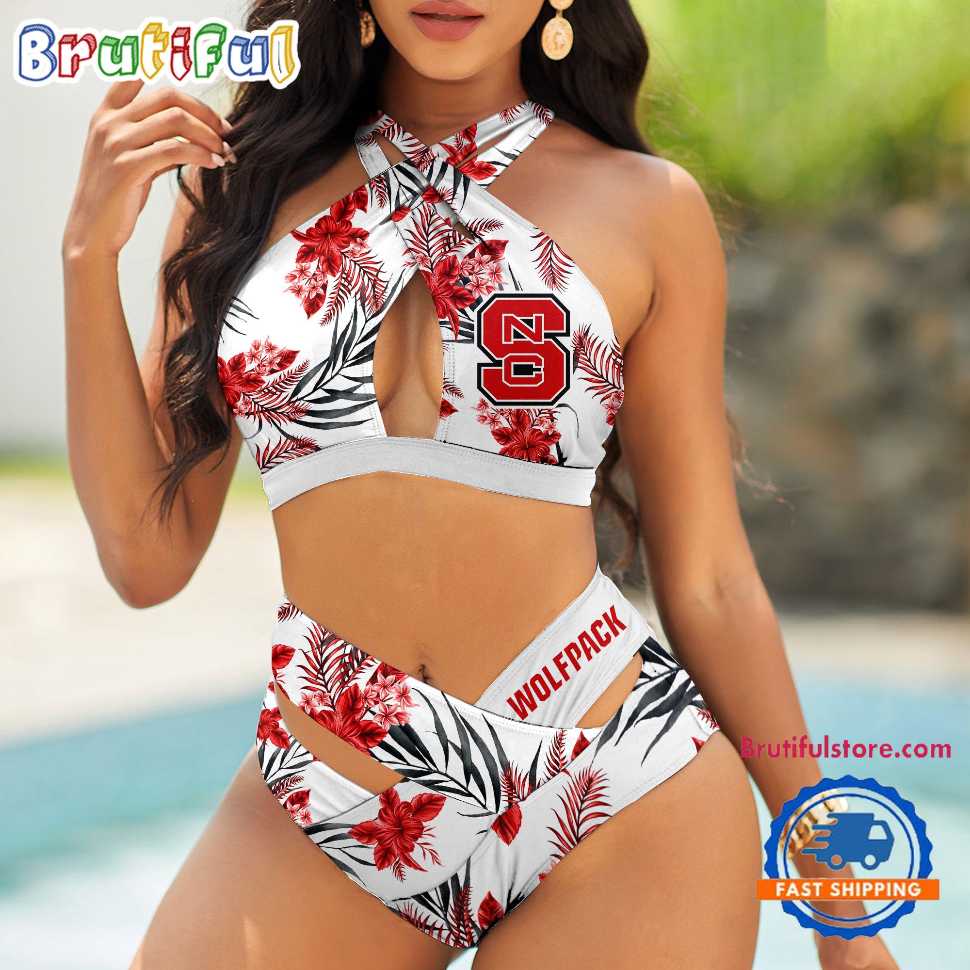 NCAA NC State Wolfpack Hawaiian Pattern Deisgn Women's Bikini Set, Women's Sporty Summer Bikini Set