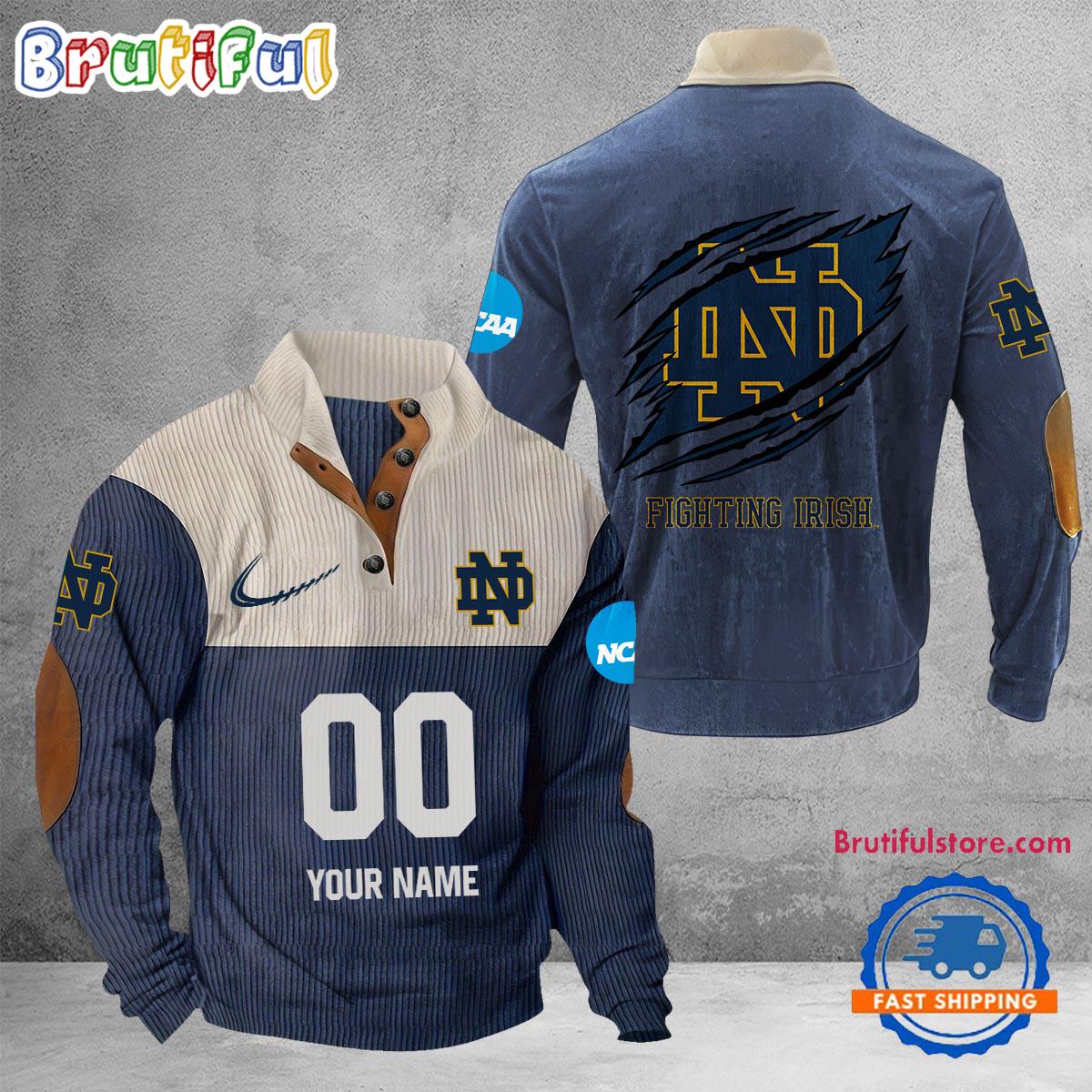 NCAA Notre Dame Fighting Irish Sport Team Custom Name And Number Buttoned Collar Sweatshirt
