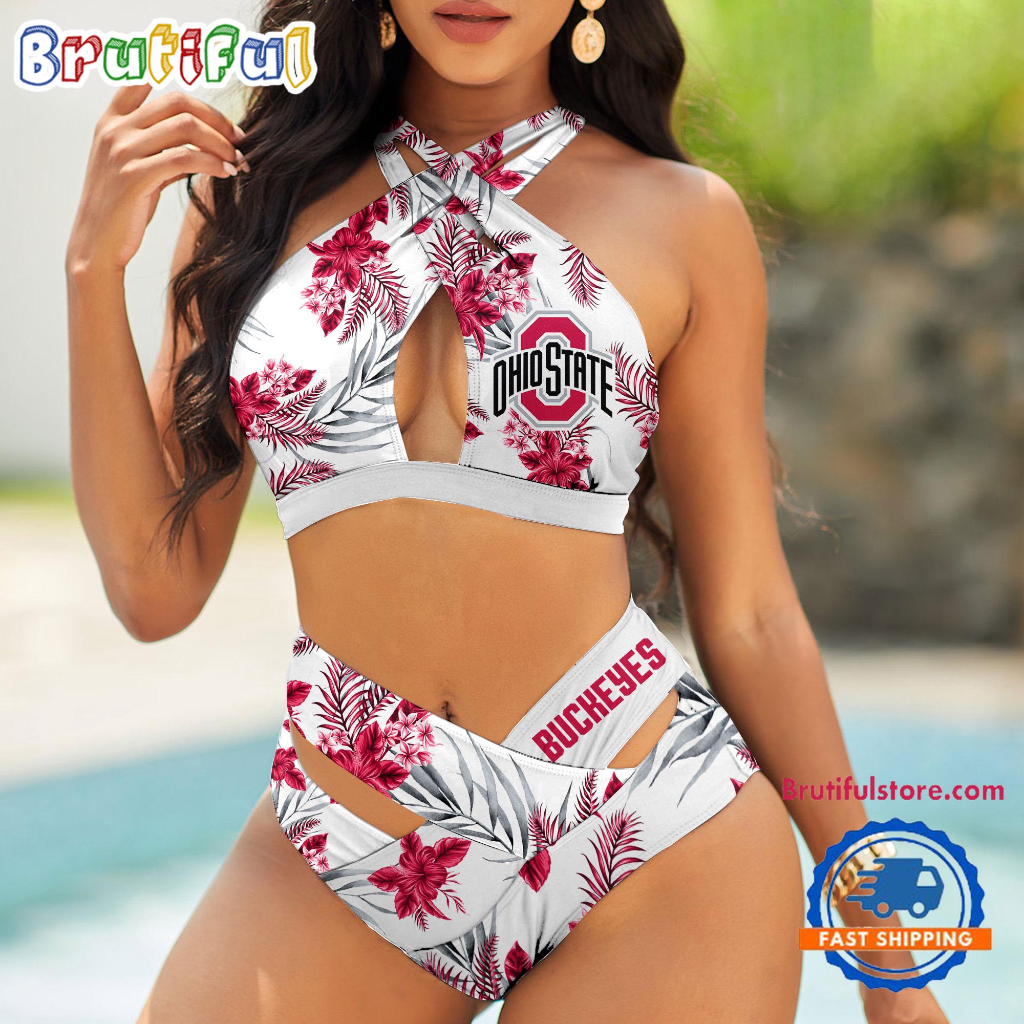 NCAA Ohio State Buckeyes Hawaiian Pattern Deisgn Women's Bikini Set, Women's Sporty Summer Bikini Set