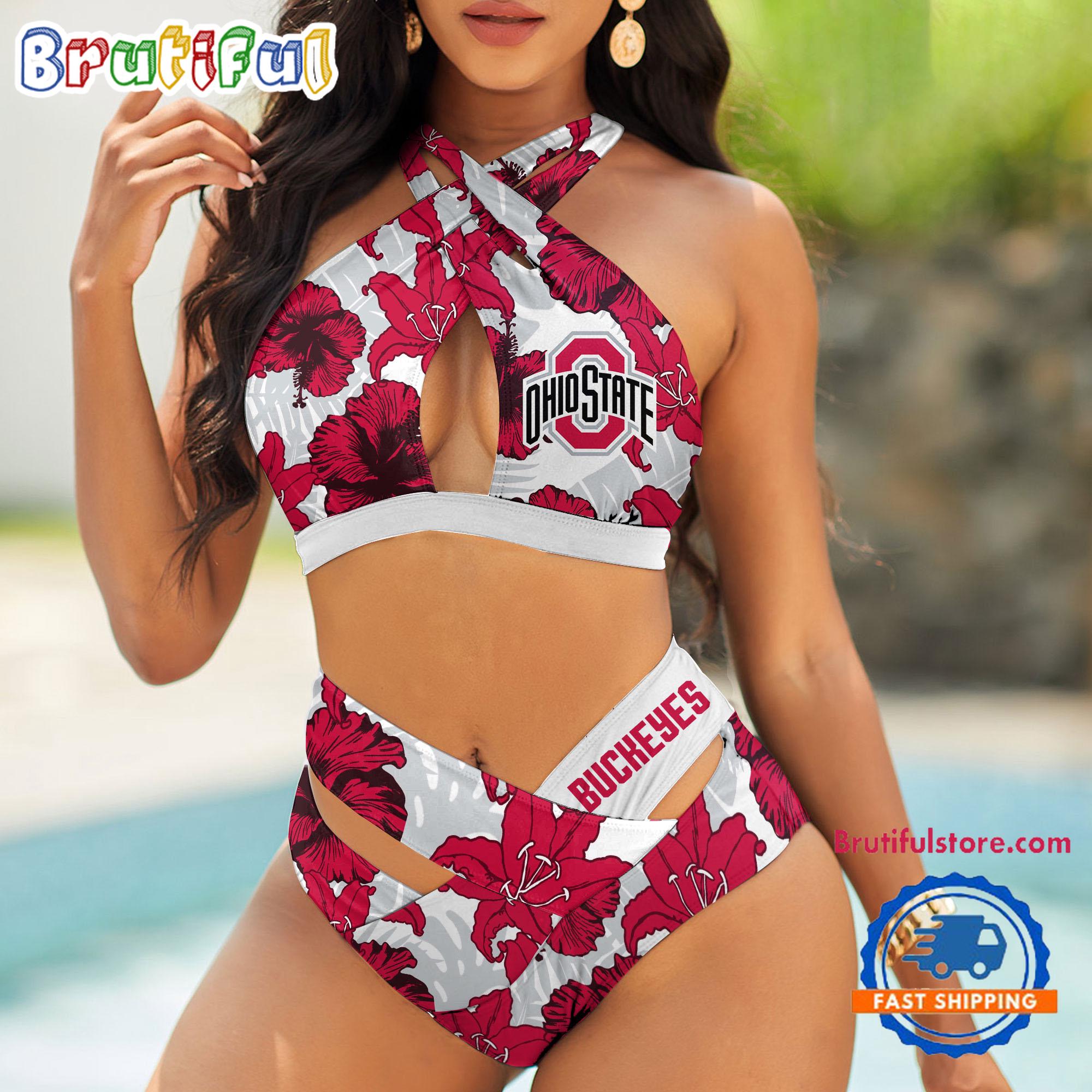 NCAA Ohio State Buckeyes Hawaiian Pattern Summer Beach Women's Bikini Set