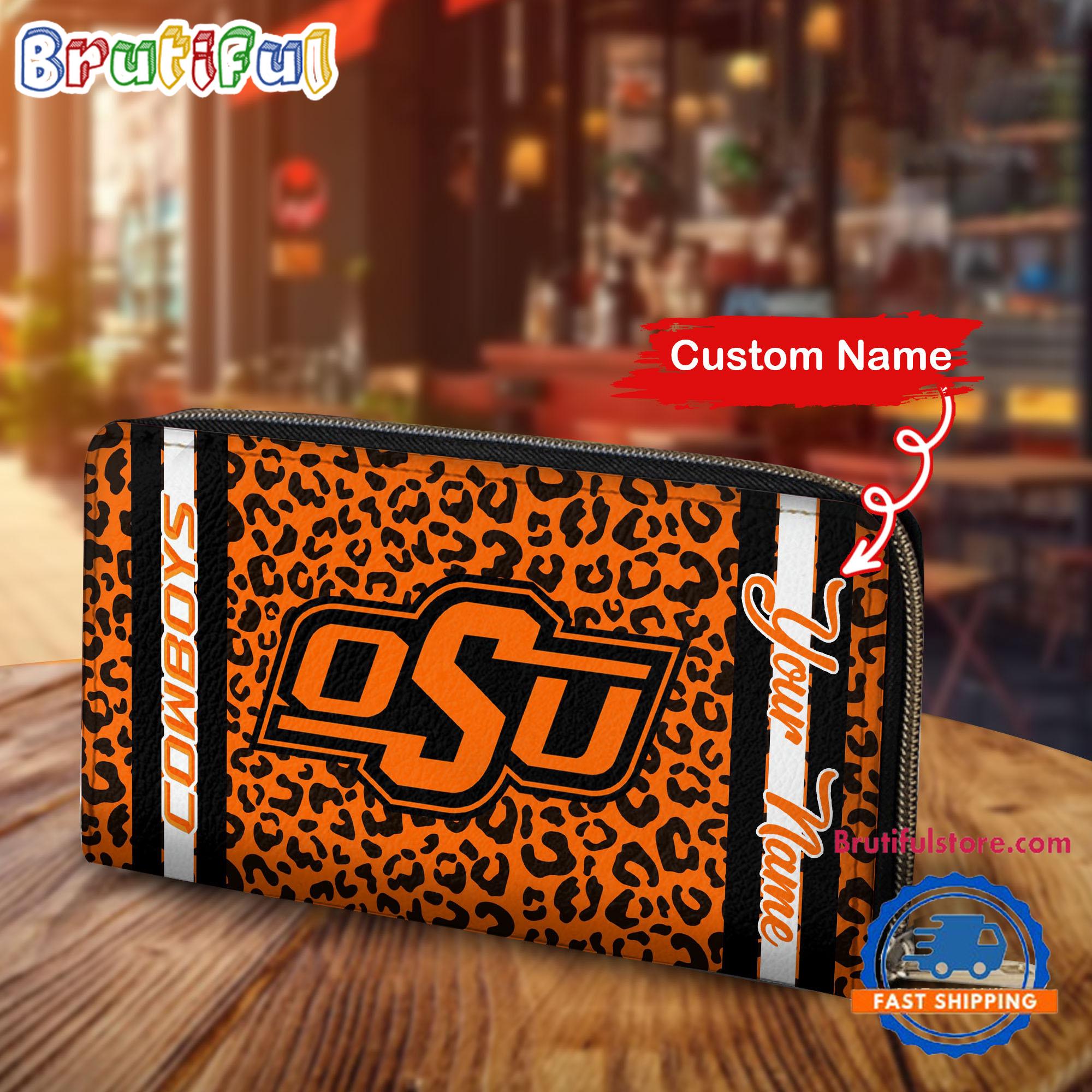 NCAA Oklahoma State Cowboys Leopard Women's Zip Around Wallet, Sporty Women's Wallet
