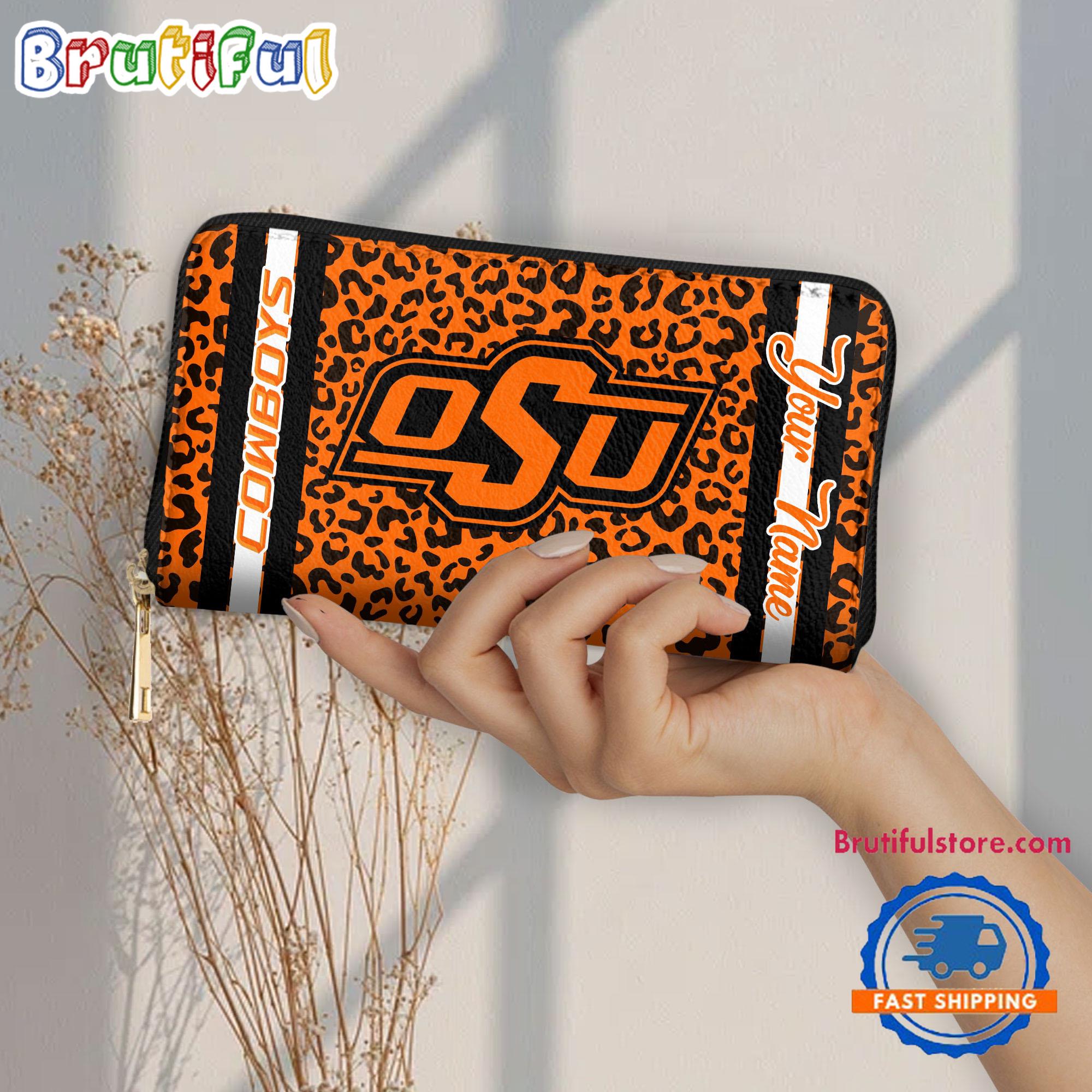 NCAA Oklahoma State Cowboys Leopard Women's Zip Around Wallet, Sporty Women's Wallet