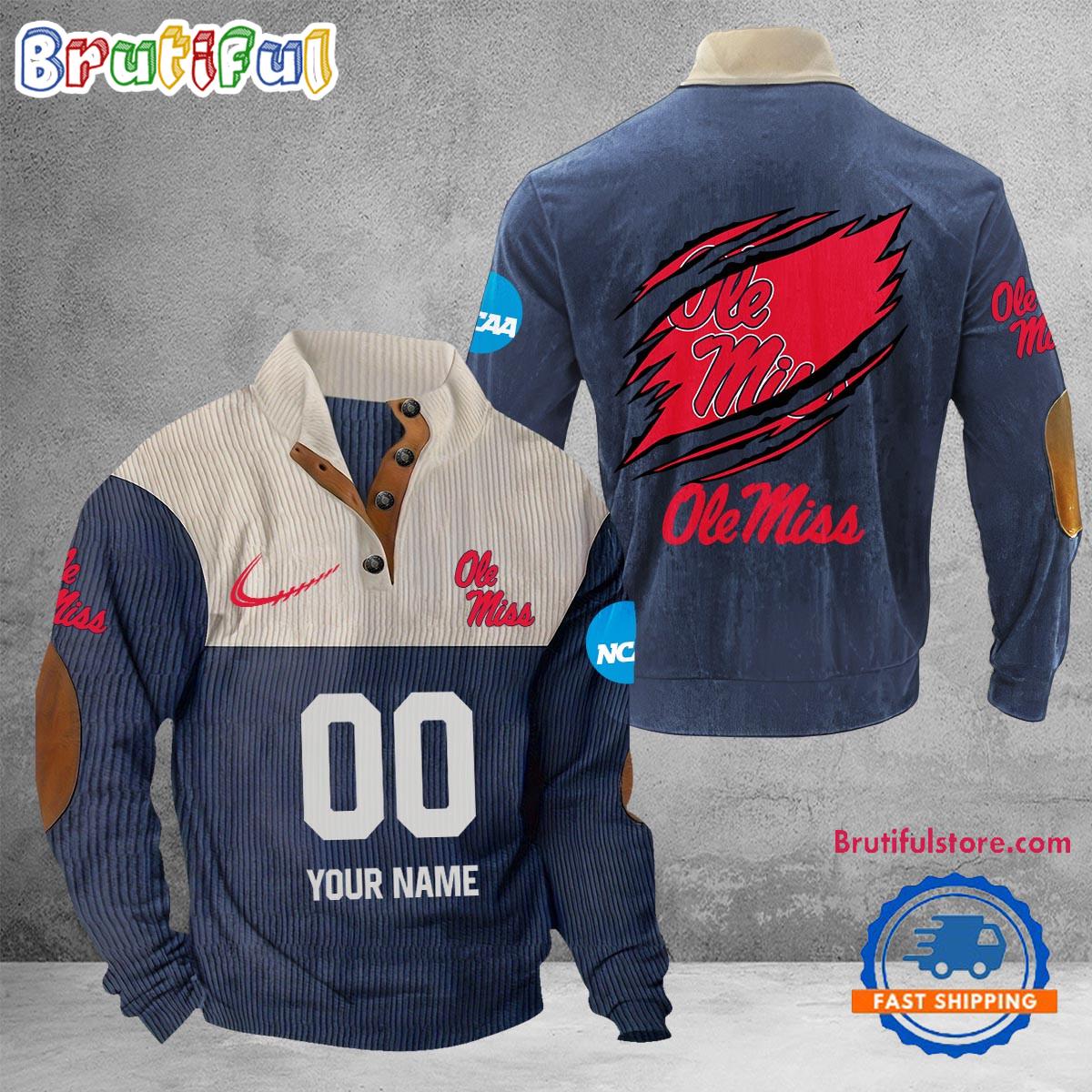 NCAA Ole Miss Rebels Sport Team Custom Name And Number Buttoned Collar Sweatshirt