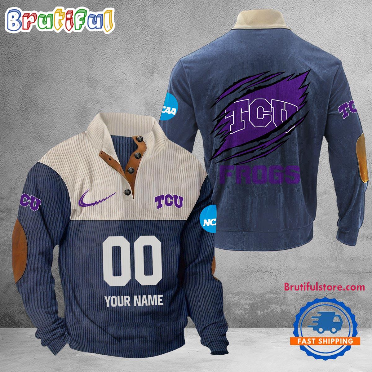 NCAA TCU Horned Frogs Sport Team Custom Name And Number Buttoned Collar Sweatshirt