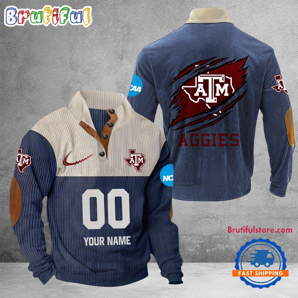 NCAA Texas AM Aggies Sport Team Custom Name And Number Buttoned Collar Sweatshirt