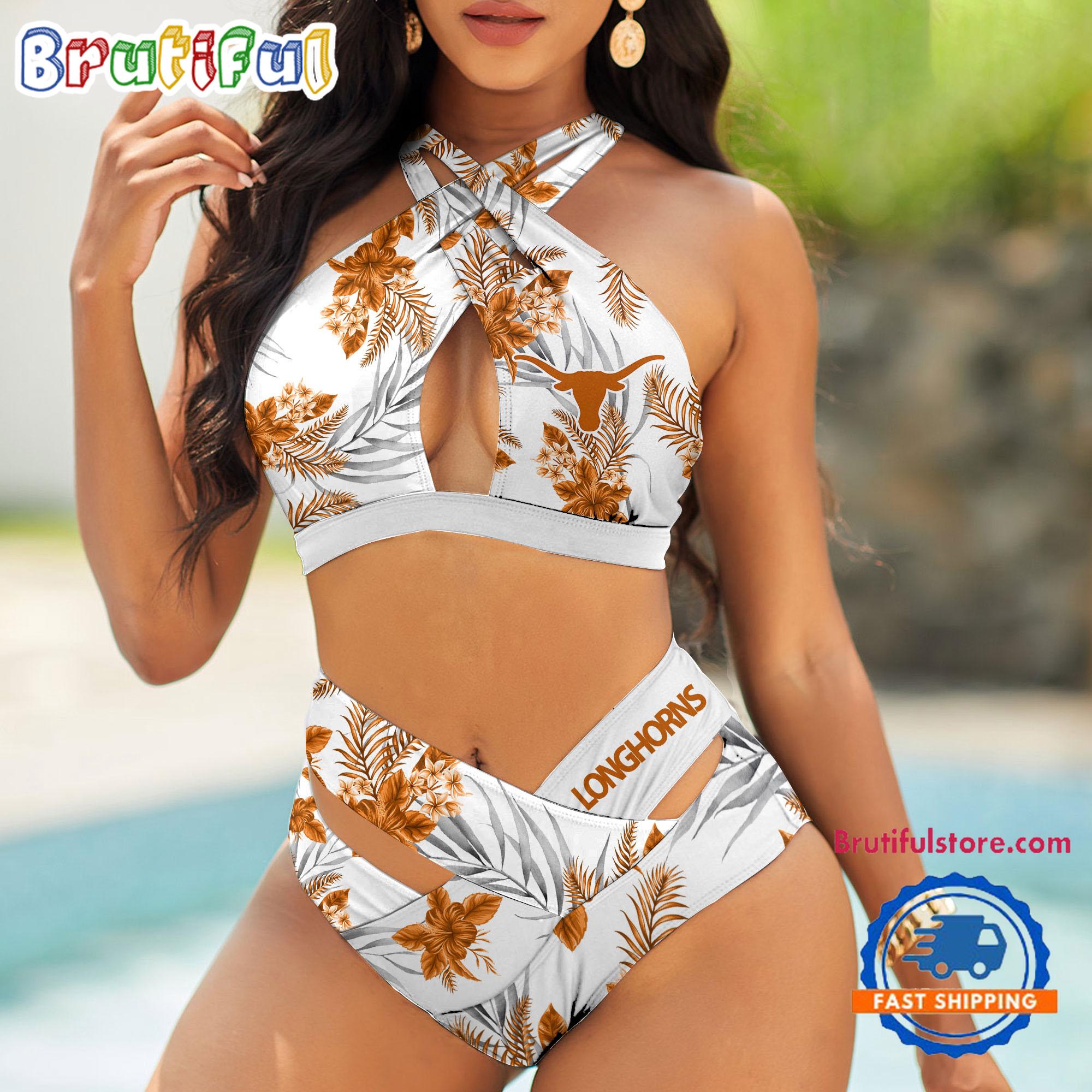 NCAA Texas Longhorns Hawaiian Pattern Deisgn Women's Bikini Set, Women's Sporty Summer Bikini Set