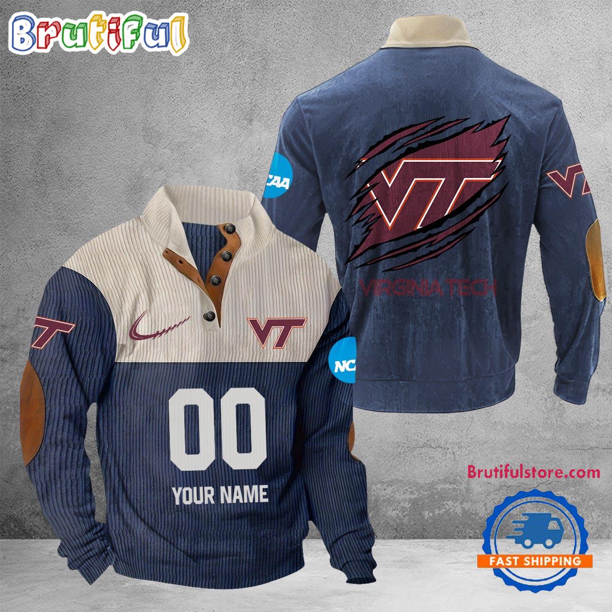 NCAA Virginia Tech Hokies Sport Team Custom Name And Number Buttoned Collar Sweatshirt