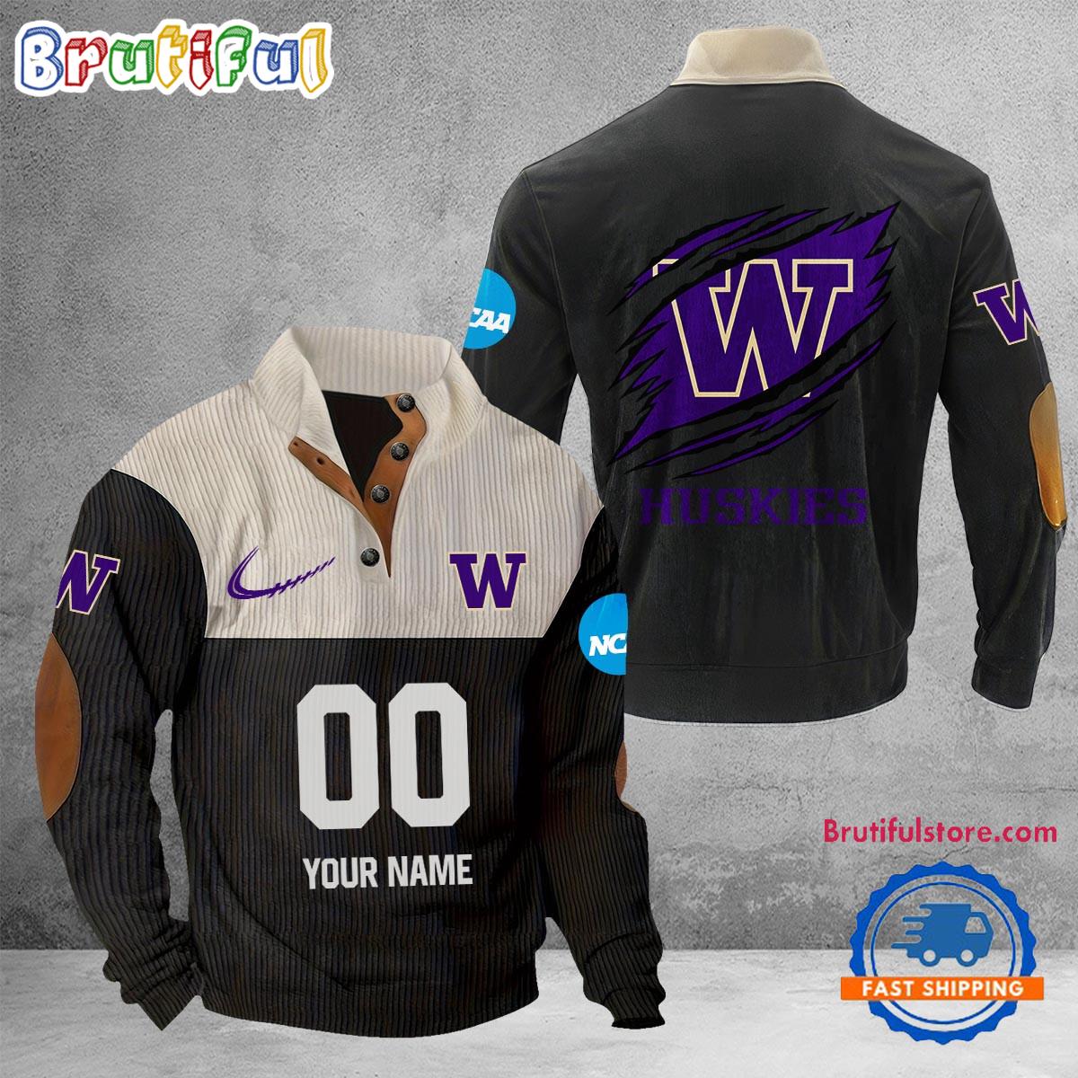 NCAA Washington Huskies Sport Team Custom Name And Number Buttoned Collar Sweatshirt