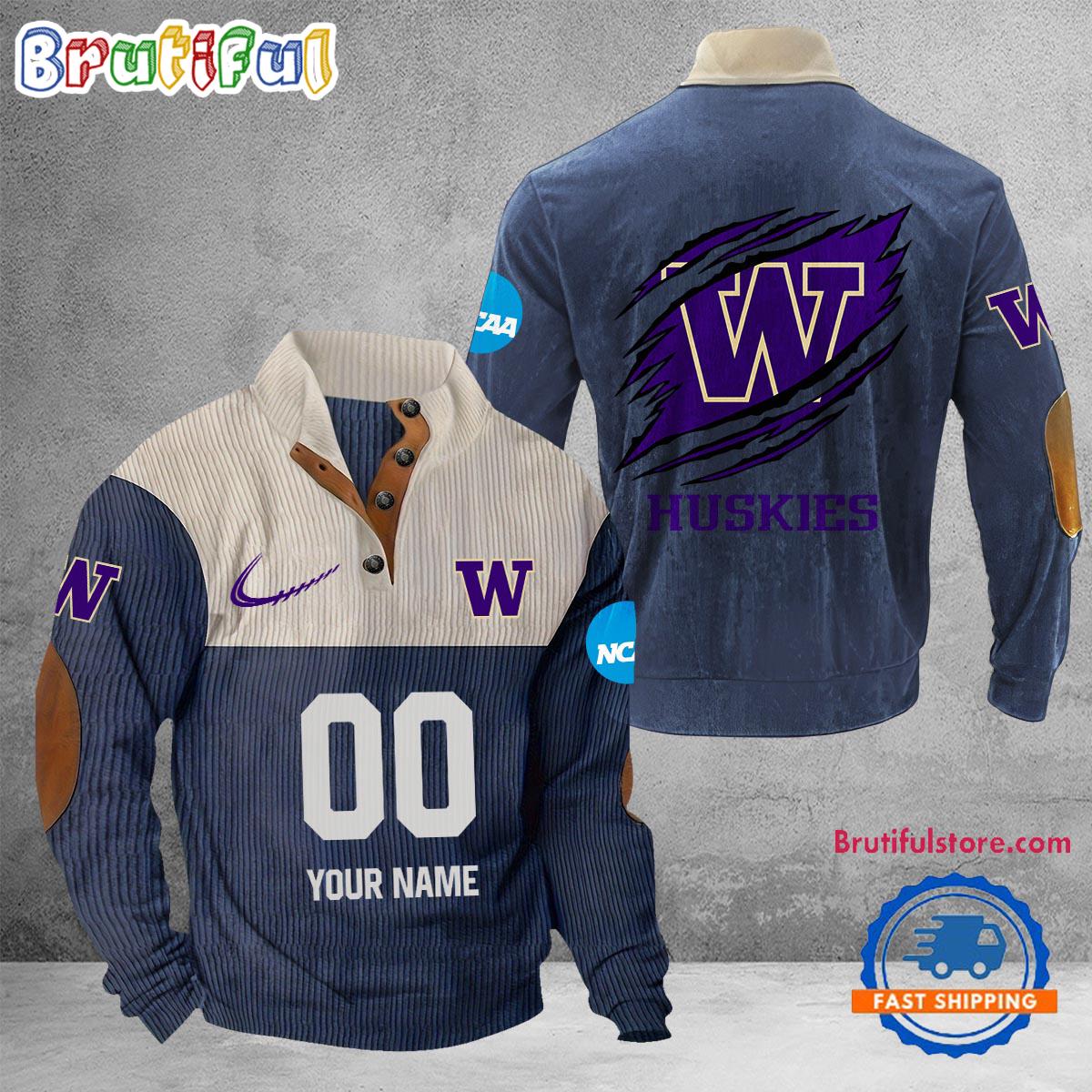 NCAA Washington Huskies Sport Team Custom Name And Number Buttoned Collar Sweatshirt