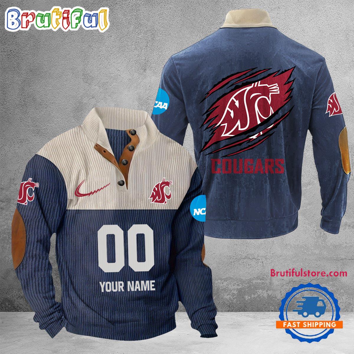NCAA Washington State Cougars Sport Team Custom Name And Number Buttoned Collar Sweatshirt