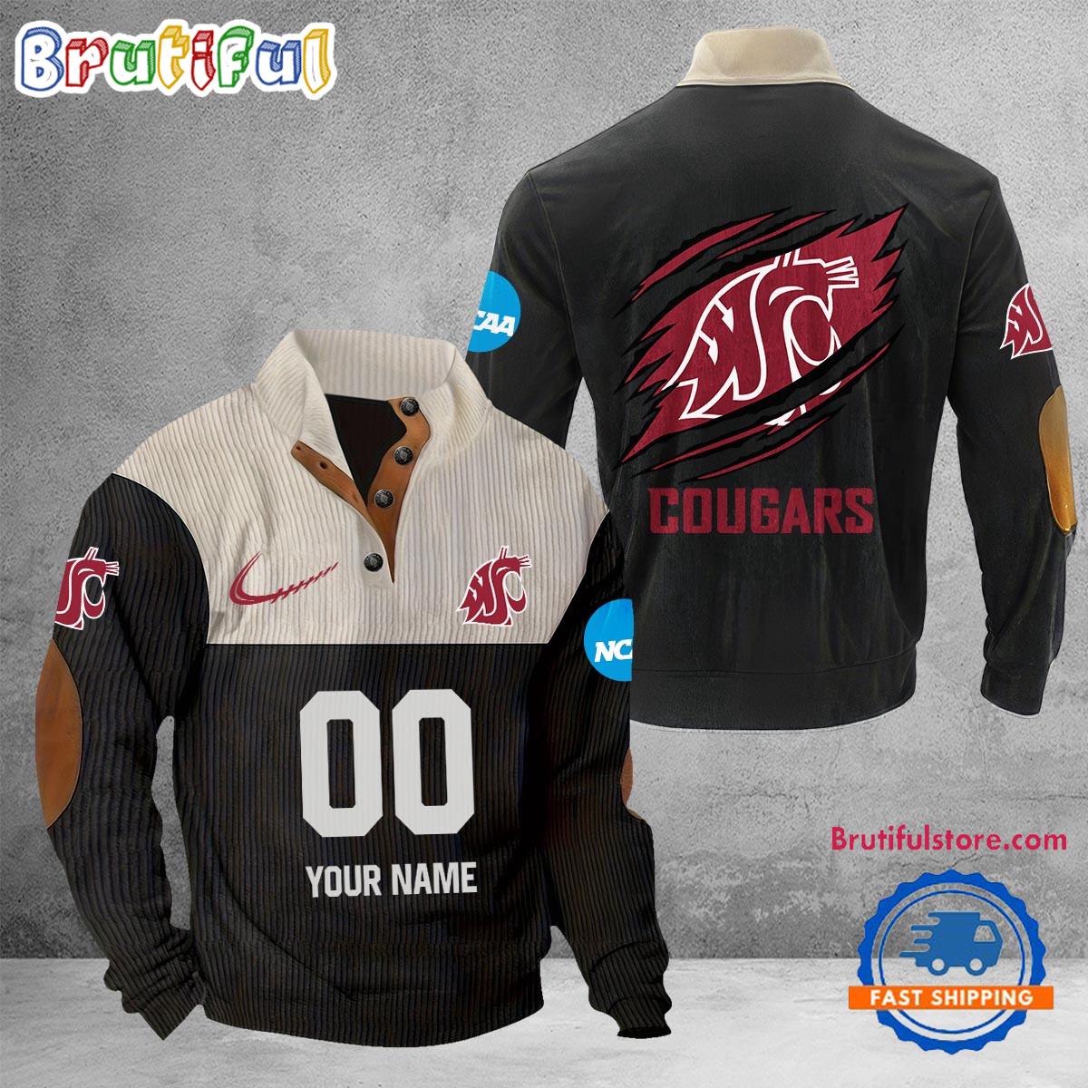 NCAA Washington State Cougars Sport Team Custom Name And Number Buttoned Collar Sweatshirt
