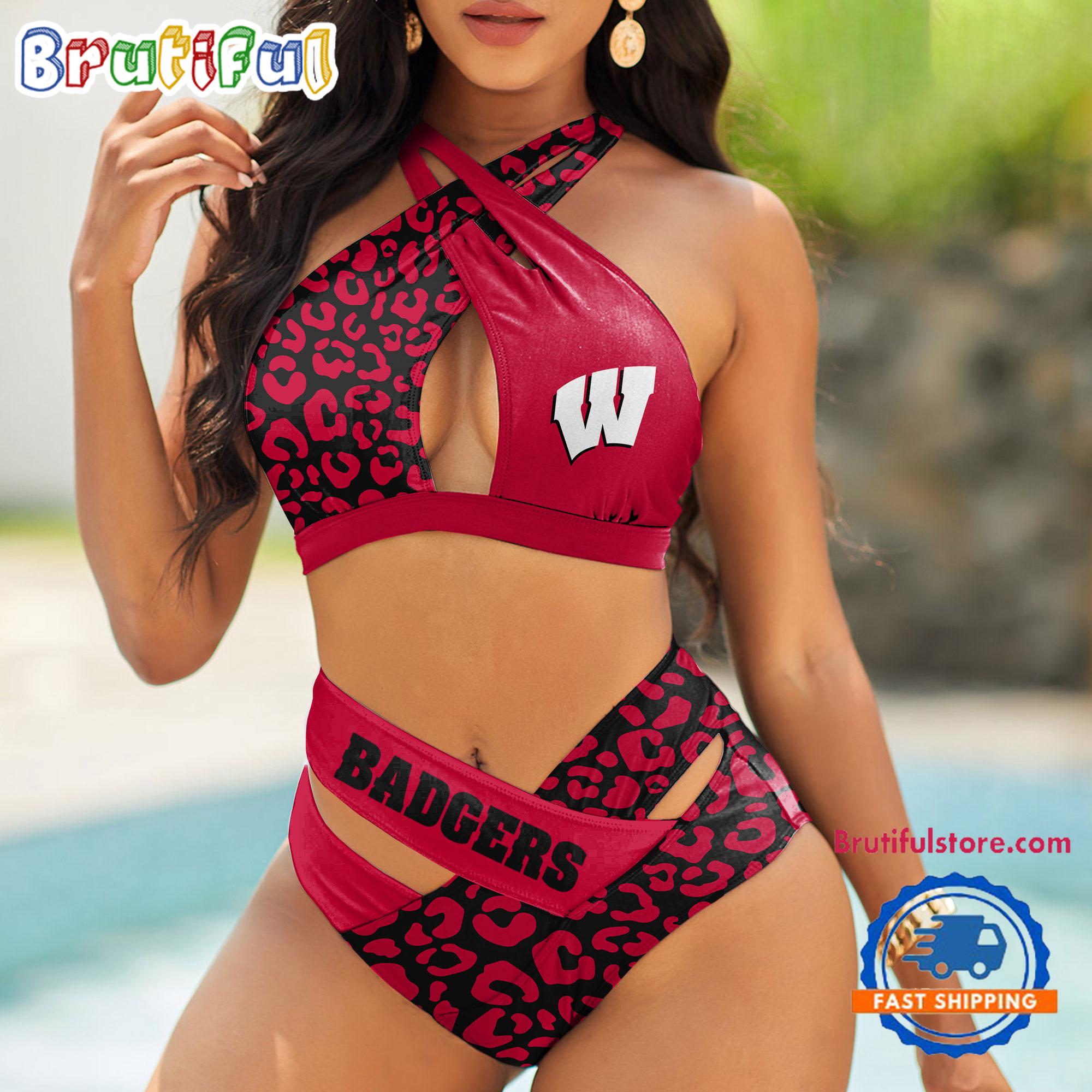 NCAA Wisconsin Badgers Leopard Pattern Summer Beach Women's Bikini Set
