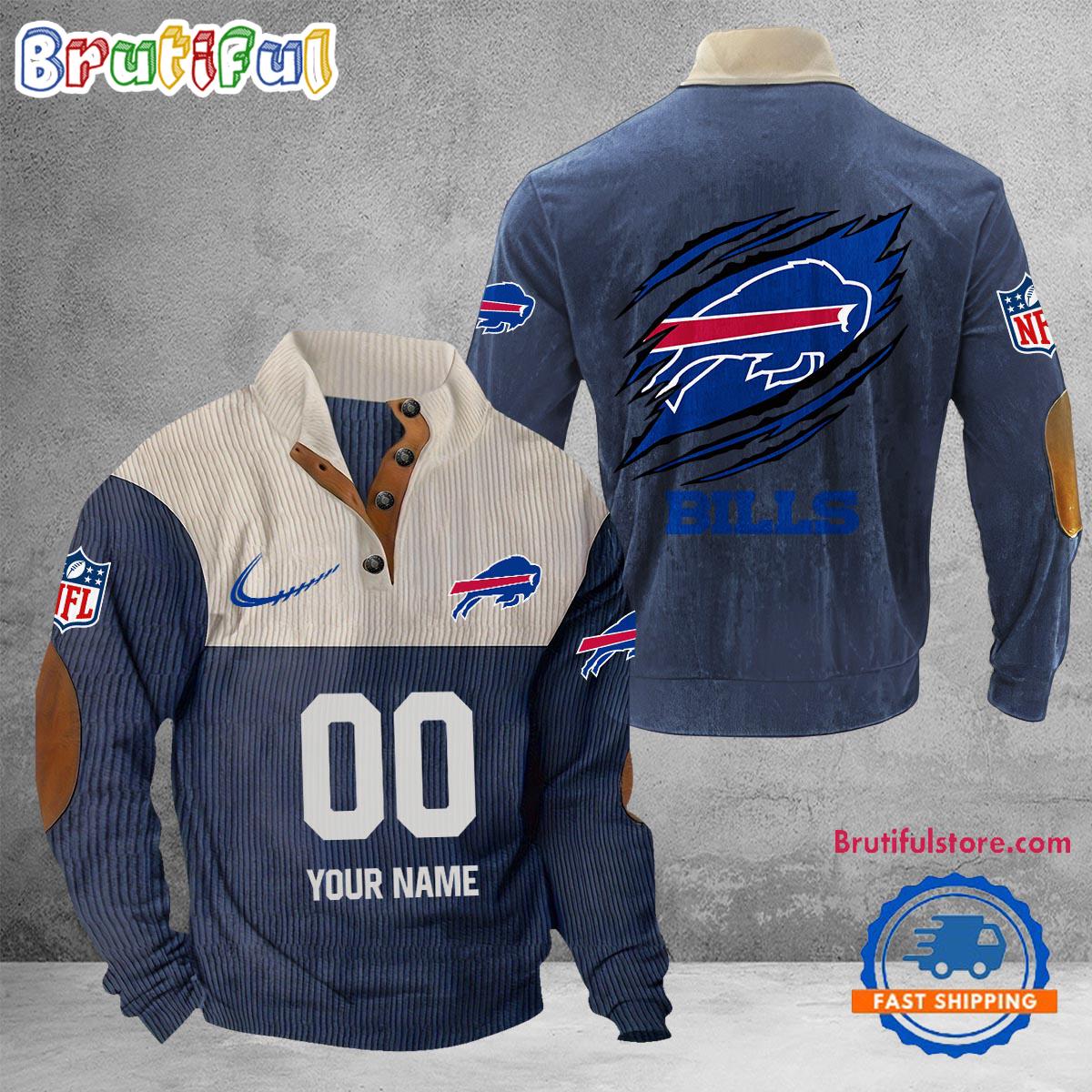 NFL Buffalo Bills Football Team Custom Name And Number Buttoned Collar Sweatshirt