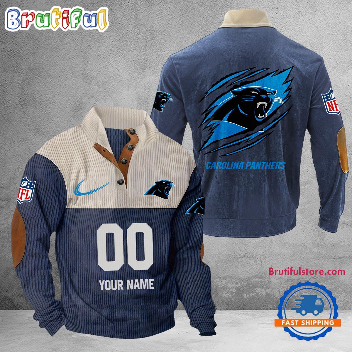 NFL Carolina Panthers Football Team Custom Name And Number Buttoned Collar Sweatshirt