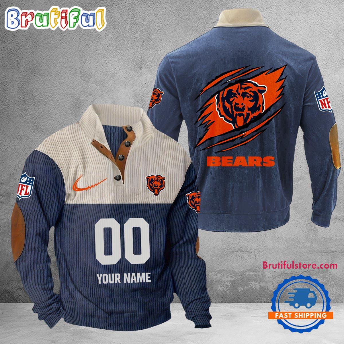 NFL Chicago Bears Football Team Custom Name And Number Buttoned Collar Sweatshirt