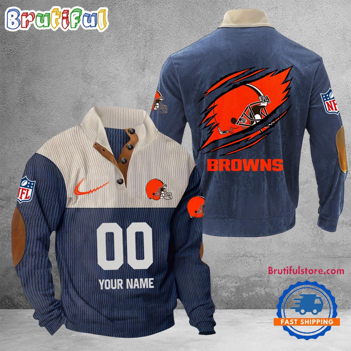 NFL Cleveland Browns Football Team Custom Name And Number Buttoned Collar Sweatshirt