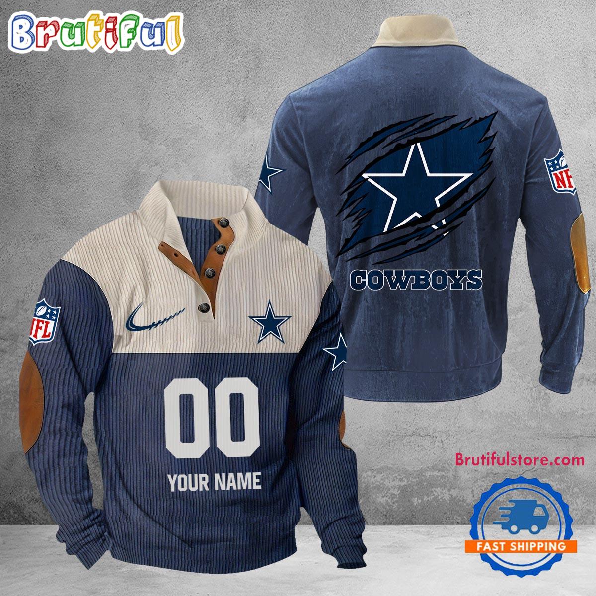 NFL Dallas Cowboys Football Team Custom Name And Number Buttoned Collar Sweatshirt