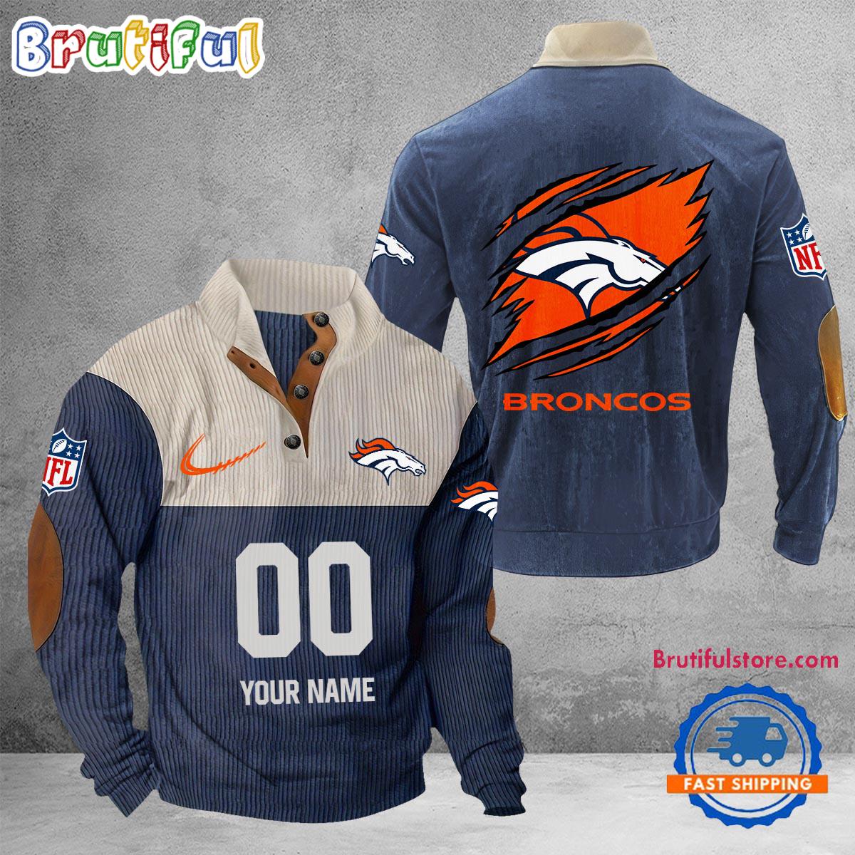 NFL Denver Broncos Football Team Custom Name And Number Buttoned Collar Sweatshirt