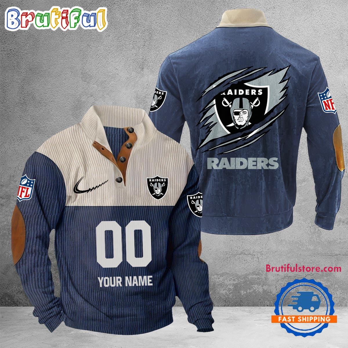 NFL Las Vegas Raiders Football Team Custom Name And Number Buttoned Collar Sweatshirt