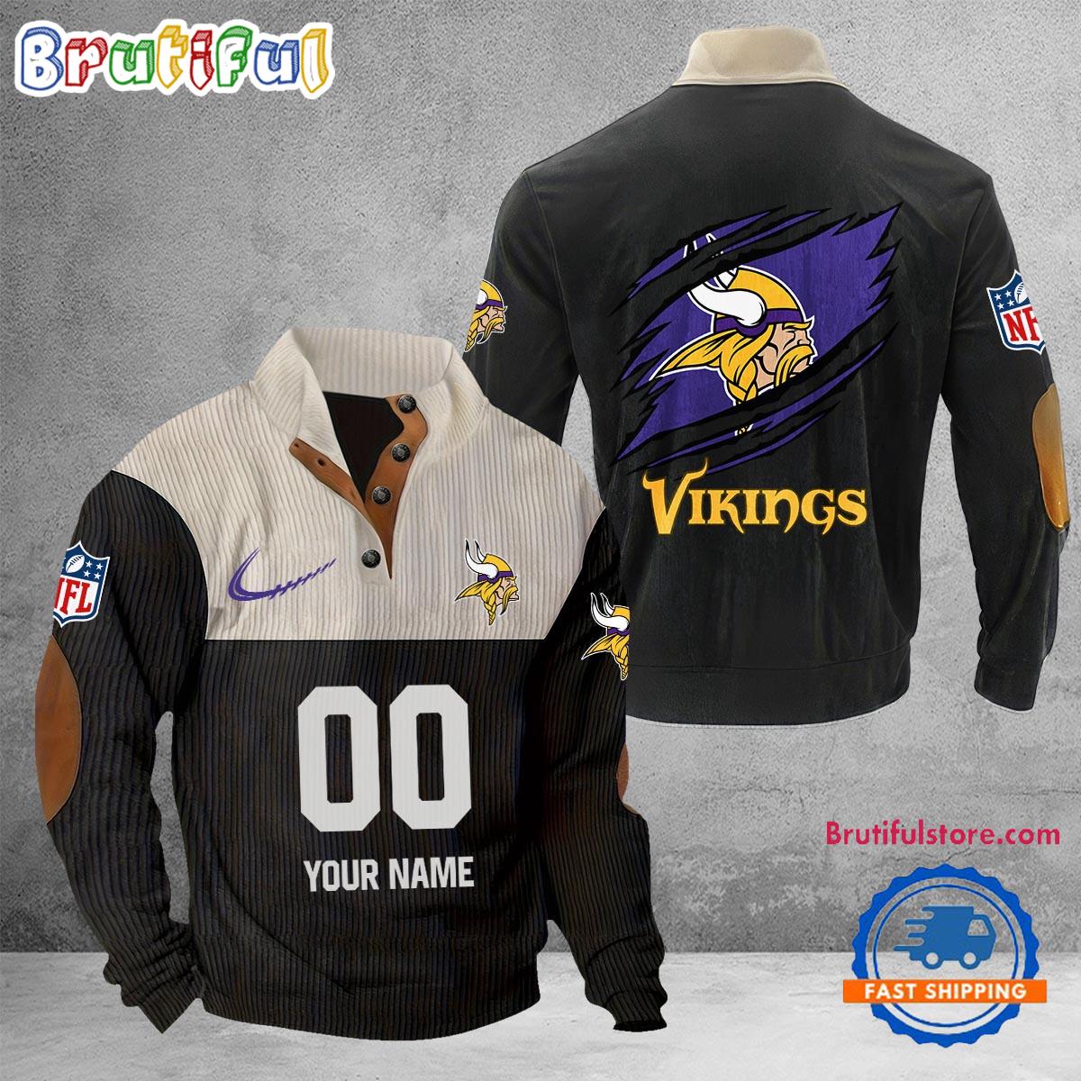 NFL Minnesota Vikings Football Team Custom Name And Number Buttoned Collar Sweatshirt
