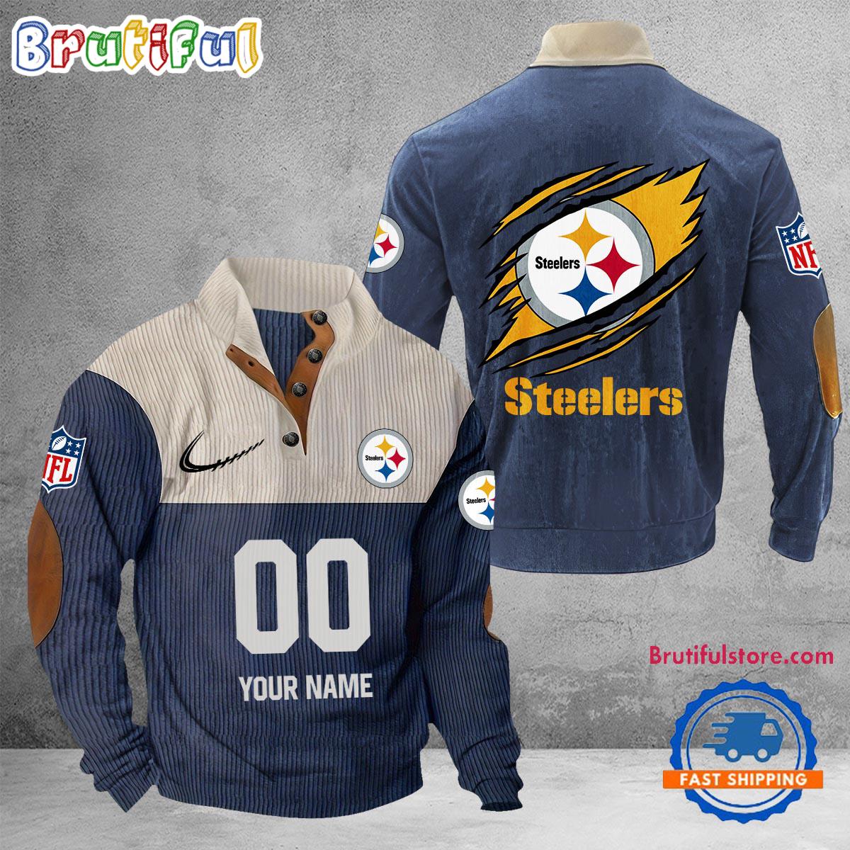 NFL Pittsburgh Steelers Football Team Custom Name And Number Buttoned Collar Sweatshirt