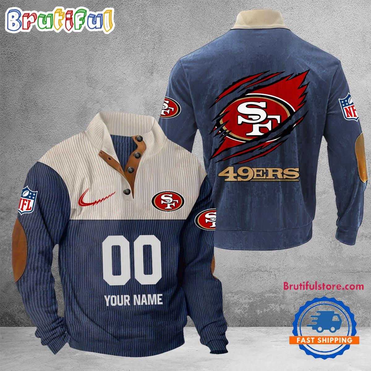 NFL San Francisco 49ers Football Team Custom Name And Number Buttoned Collar Sweatshirt