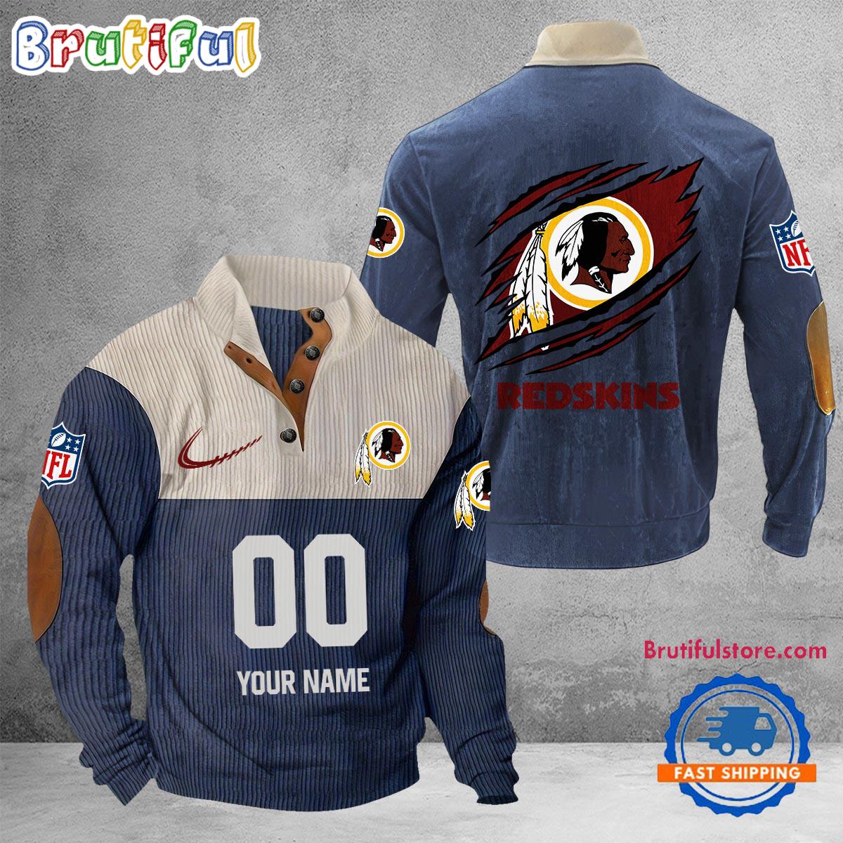 NFL Washington Redskin Football Team Custom Name And Number Buttoned Collar Sweatshirt