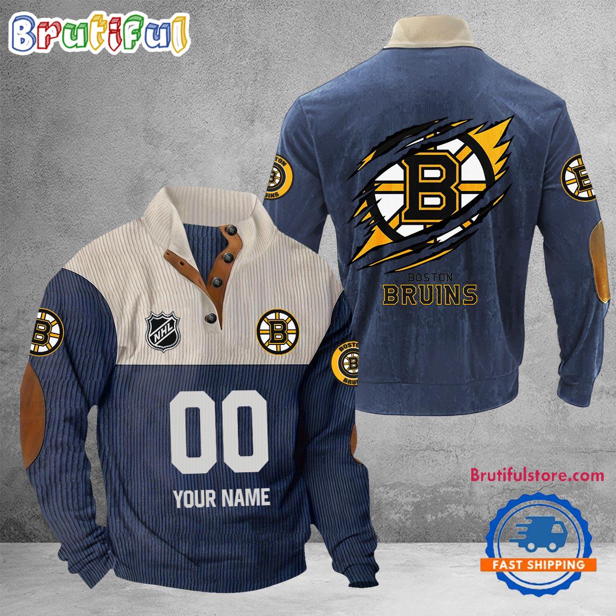 NHL Boston Bruins Hockey Team Custom Name And Number Buttoned Collar Sweatshirt