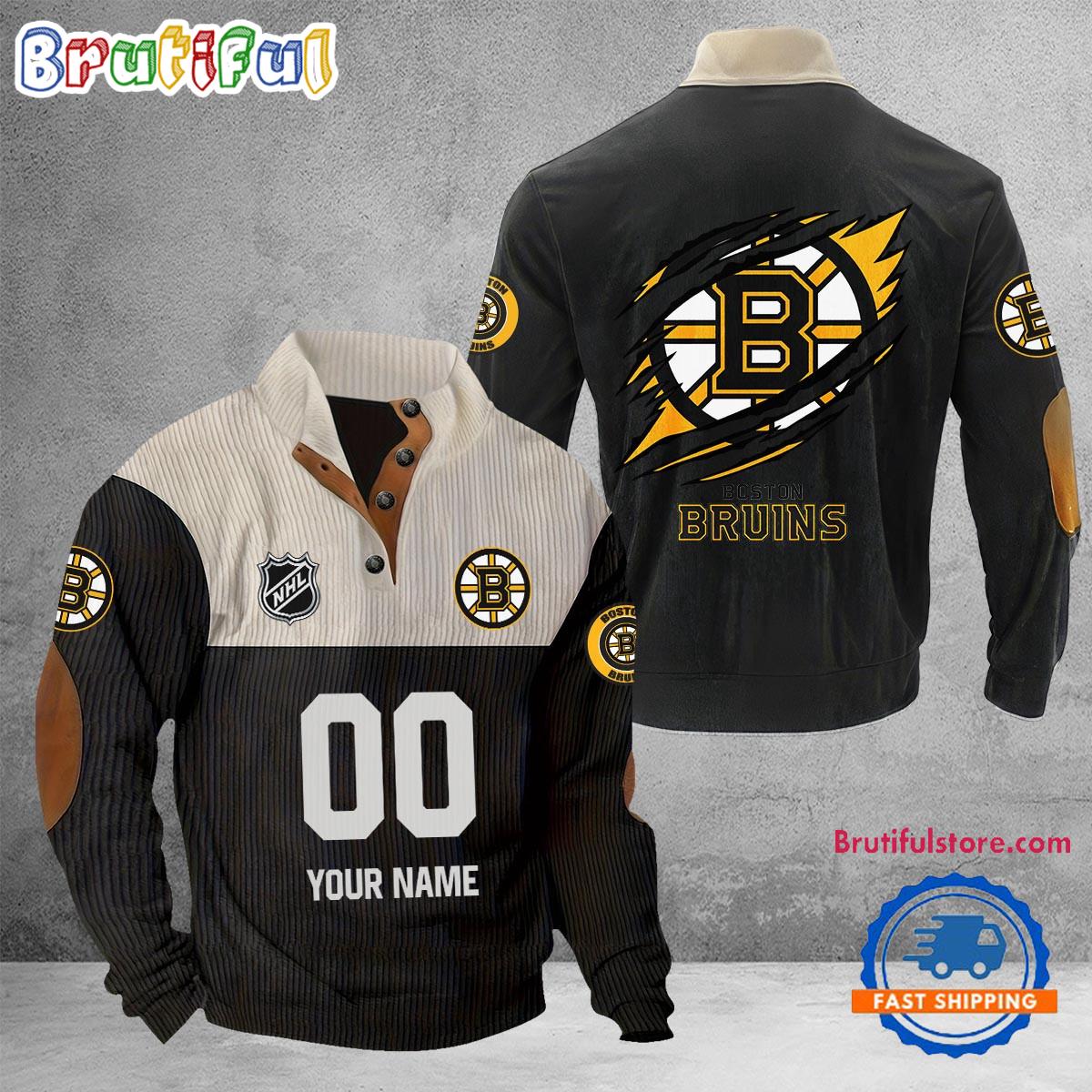 NHL Boston Bruins Hockey Team Custom Name And Number Buttoned Collar Sweatshirt