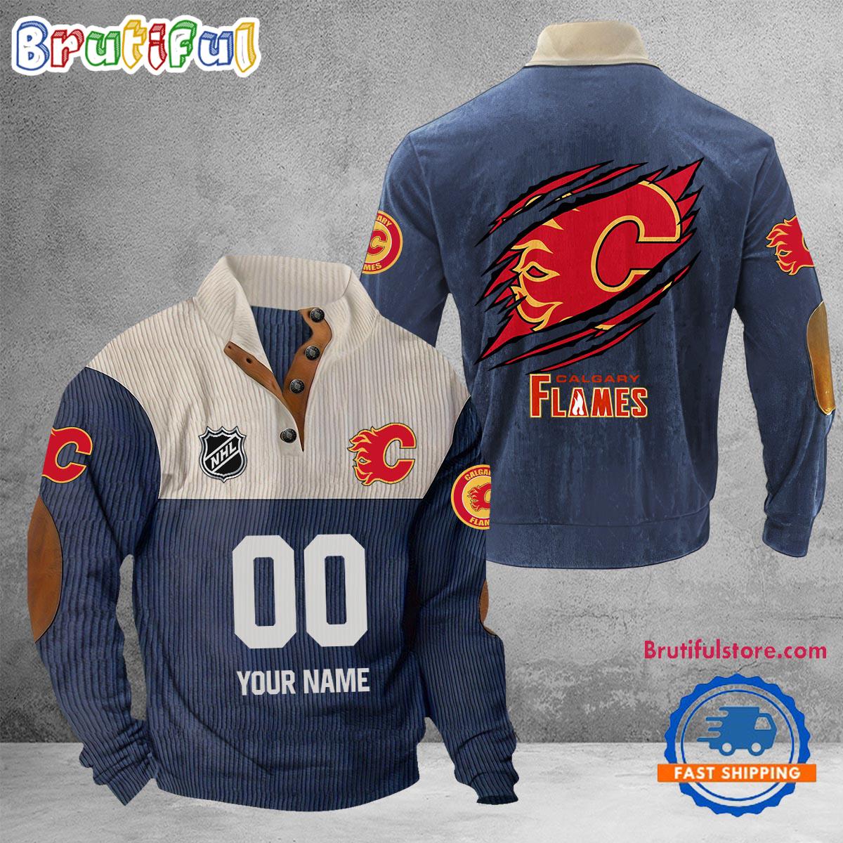NHL Calgary Flames Hockey Team Custom Name And Number Buttoned Collar Sweatshirt