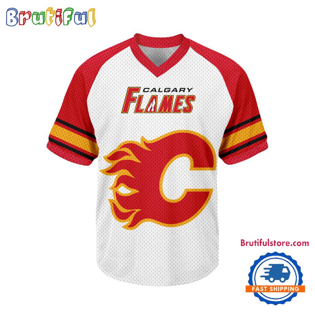 NHL Calgary Flames Hockey Team Design V-neck Mesh Short Sleeve Jersey