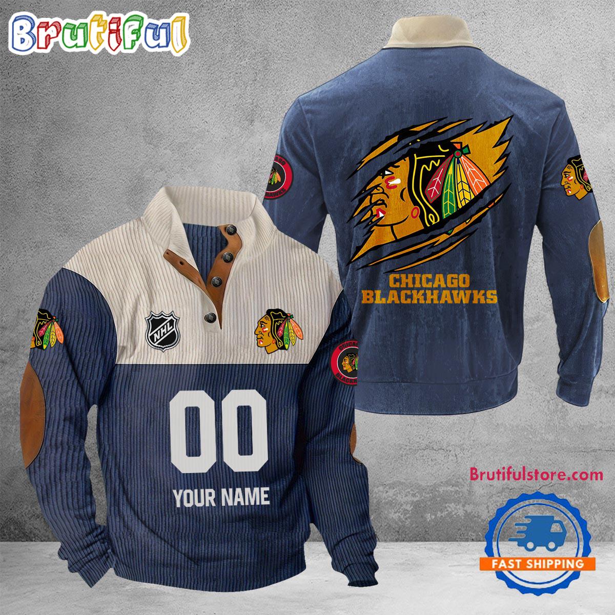 NHL Chicago Blackhawks Hockey Team Custom Name And Number Buttoned Collar Sweatshirt
