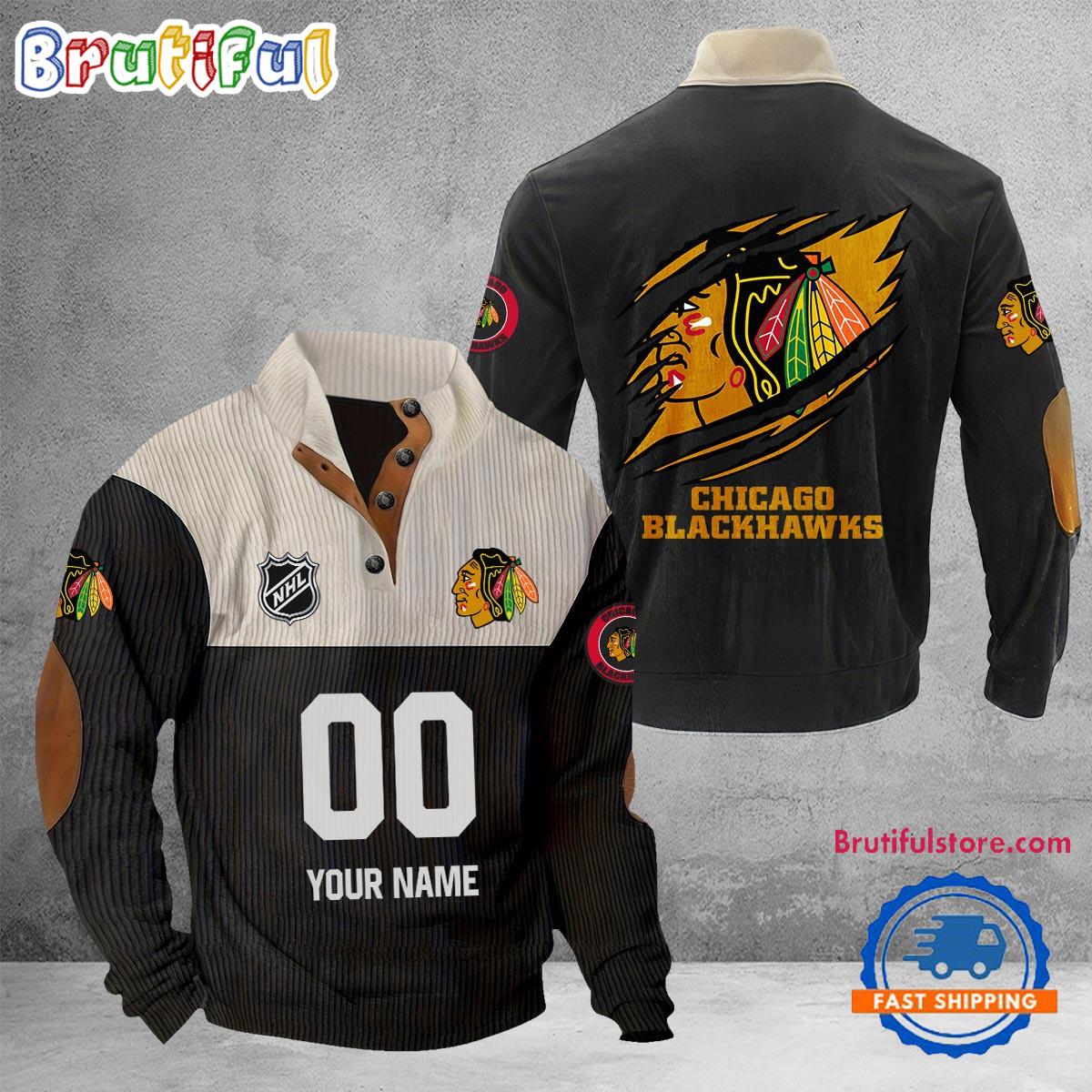 NHL Chicago Blackhawks Hockey Team Custom Name And Number Buttoned Collar Sweatshirt
